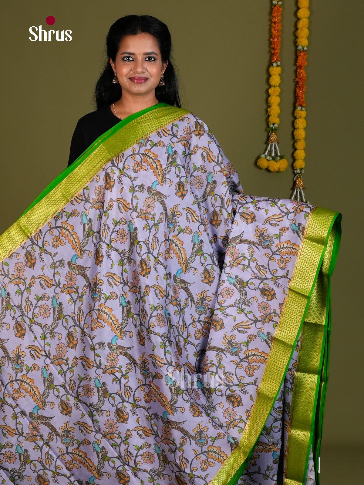 Buy Regal Pastel Lavender Mysore Silk Sarees Printed With Kalamkari Birds & Flowers And Green Pallu
