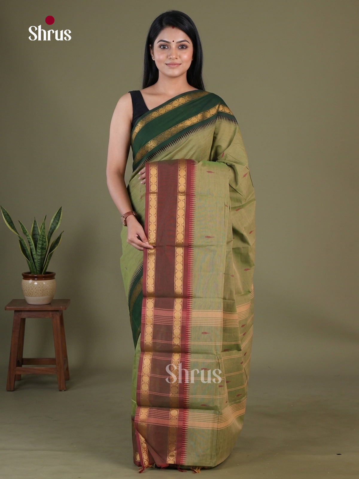 Pastel Olive Green Chettinad Cotton Saree With Thread Buttas & Ganga Jamuna Temple Zari Border