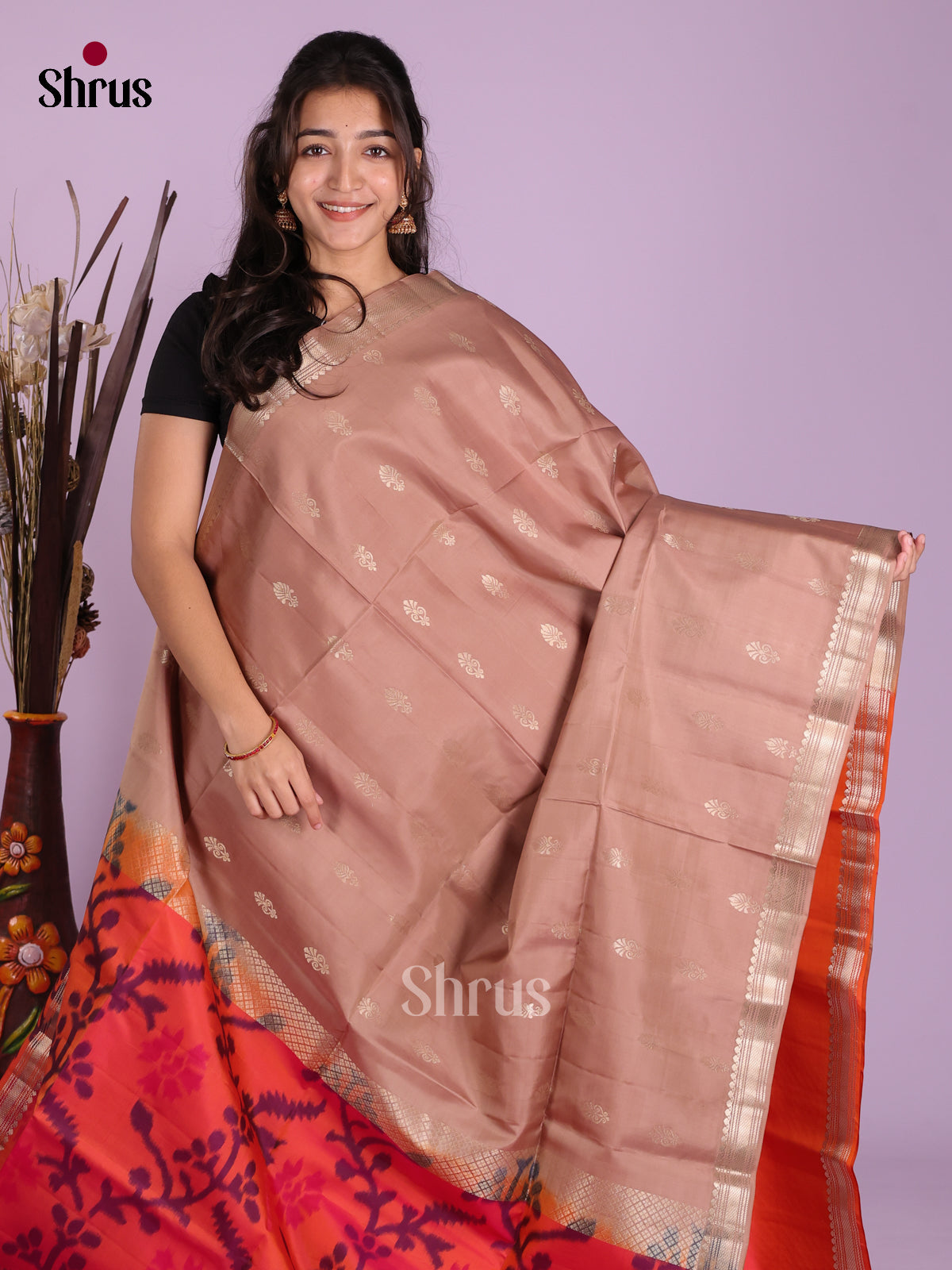 Buy Unique Pastel Peach Half & Half Pure Soft Silk Saree With Zari Buttas & Orange Brocade Pallu
