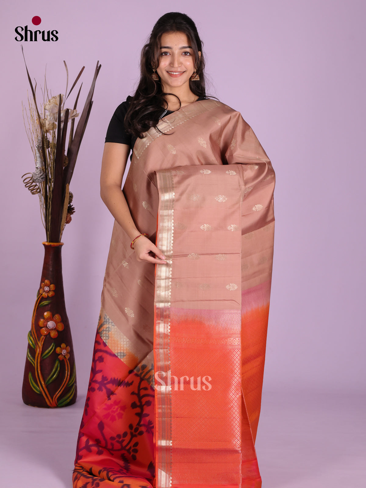 Buy Unique Pastel Peach Half & Half Soft Silk Saree With Zari Buttas & Orange Brocade Pallu