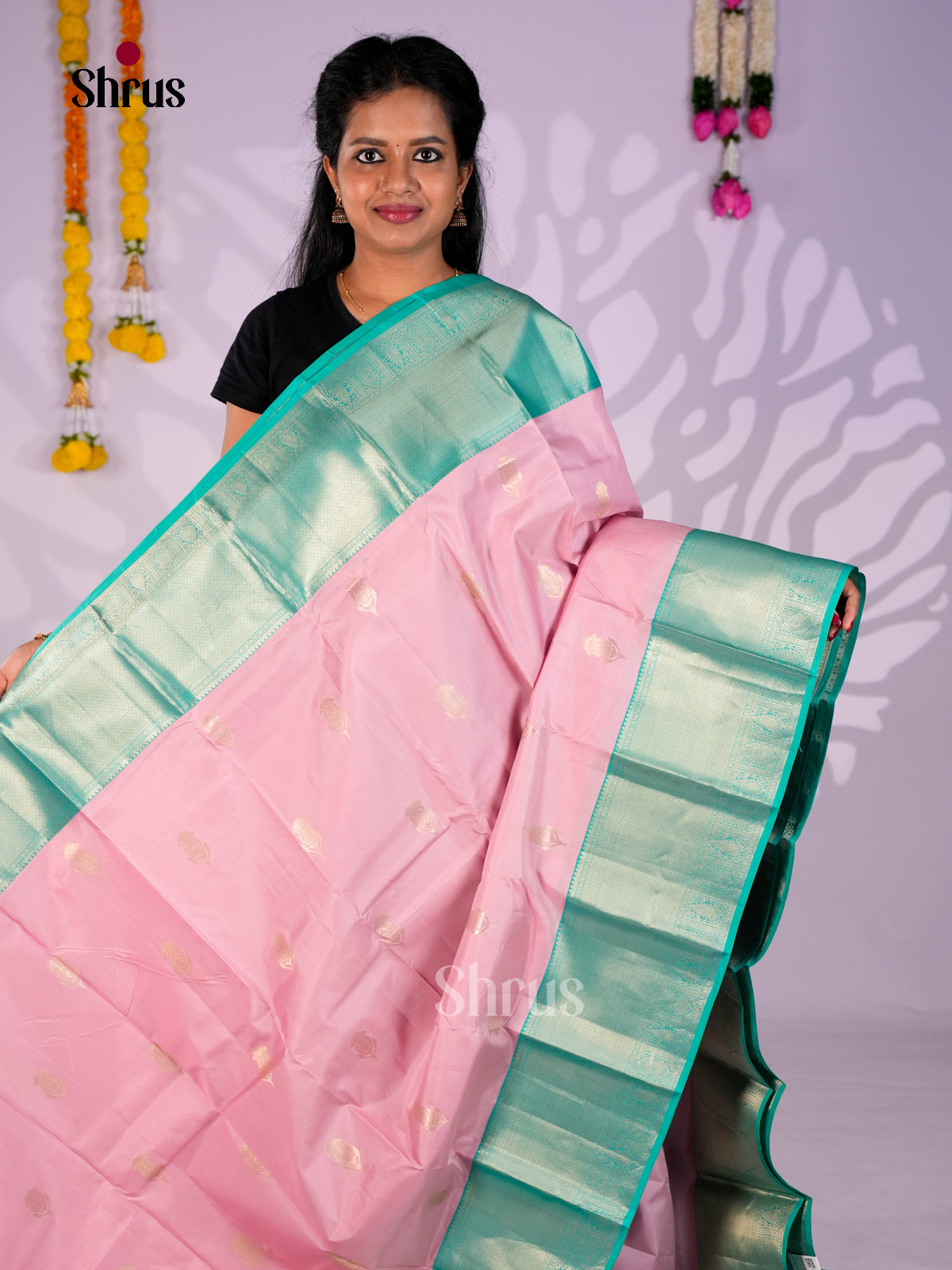 Buy Brezzy Pastel Pink Kanchipuram Silk Sarees With Floral Motifs & Zari Woven Sea Green Big Border