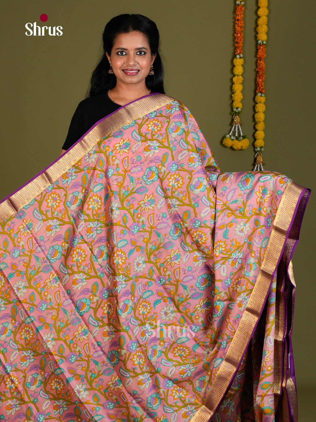Buy Classy Pastel Pink Mysore Silk Sarees with Floral Print, Violet Kaddi Border & Zari Woven Pallu