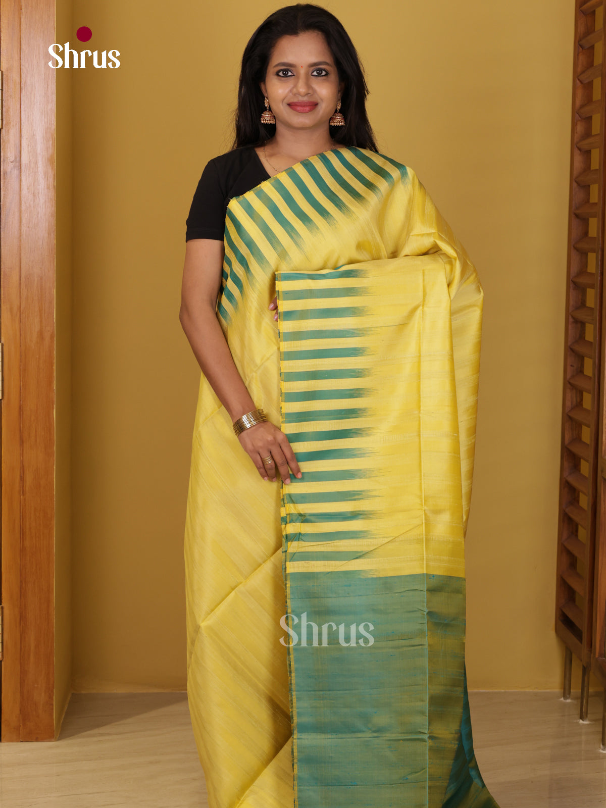 Buy Glorious Pastel Yellow & Green Soft Silk Saree with Block Striped Border & Green Pallu