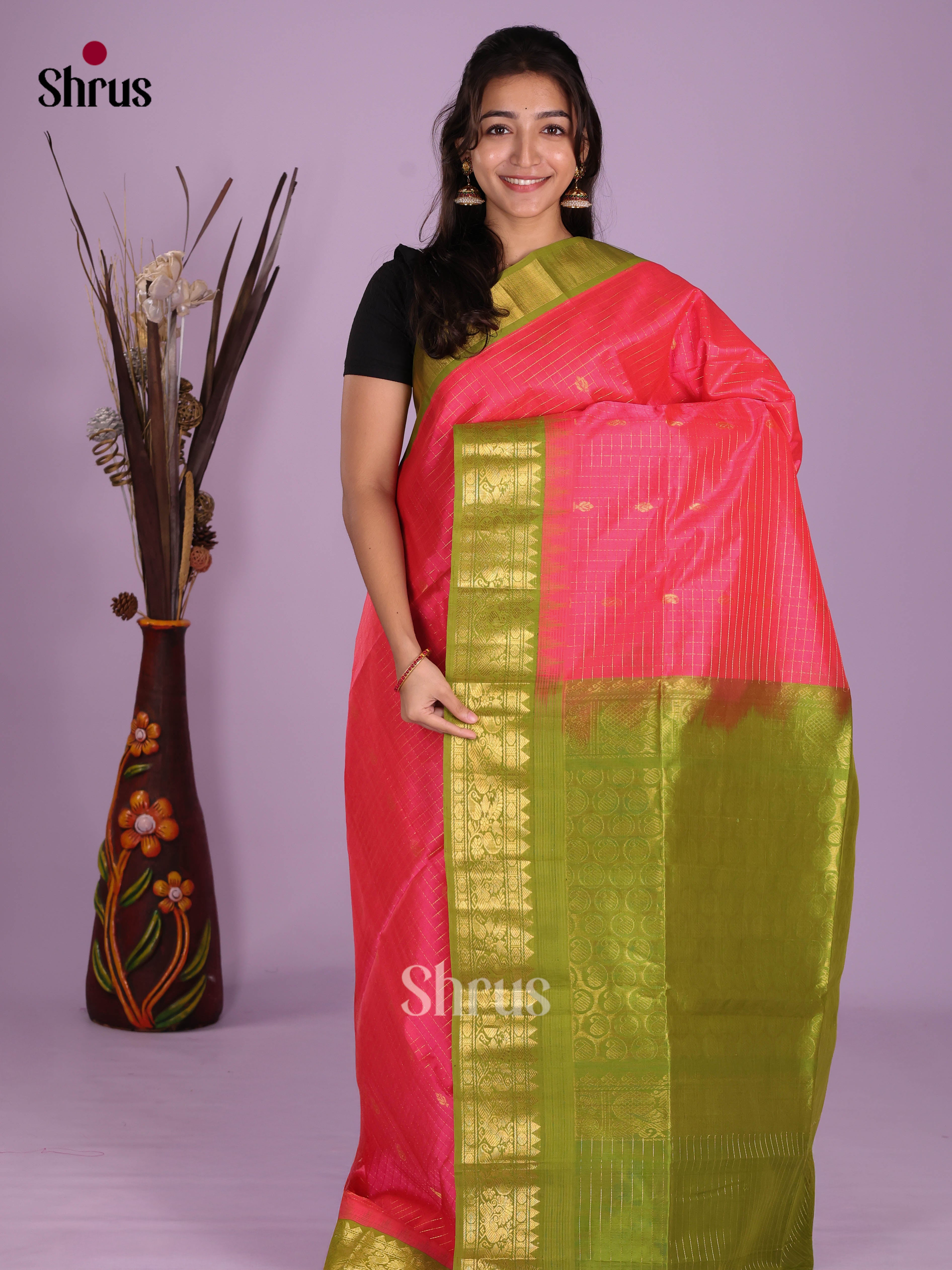 Buy Luminous Peach Cotton Silk Saree with Gold Checks, Mango Buttas & Olive Brocade Pallu