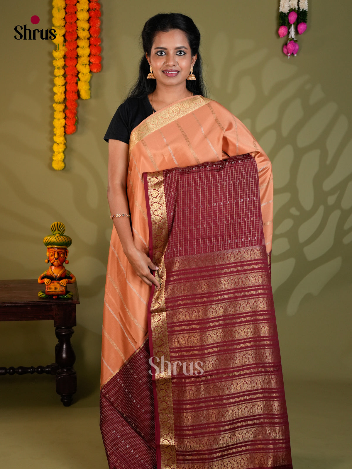 Buy Stunning Peach Half & Half Mysore Silk Saree with Gold Stripes, Maroon Checks & Zari Pallu