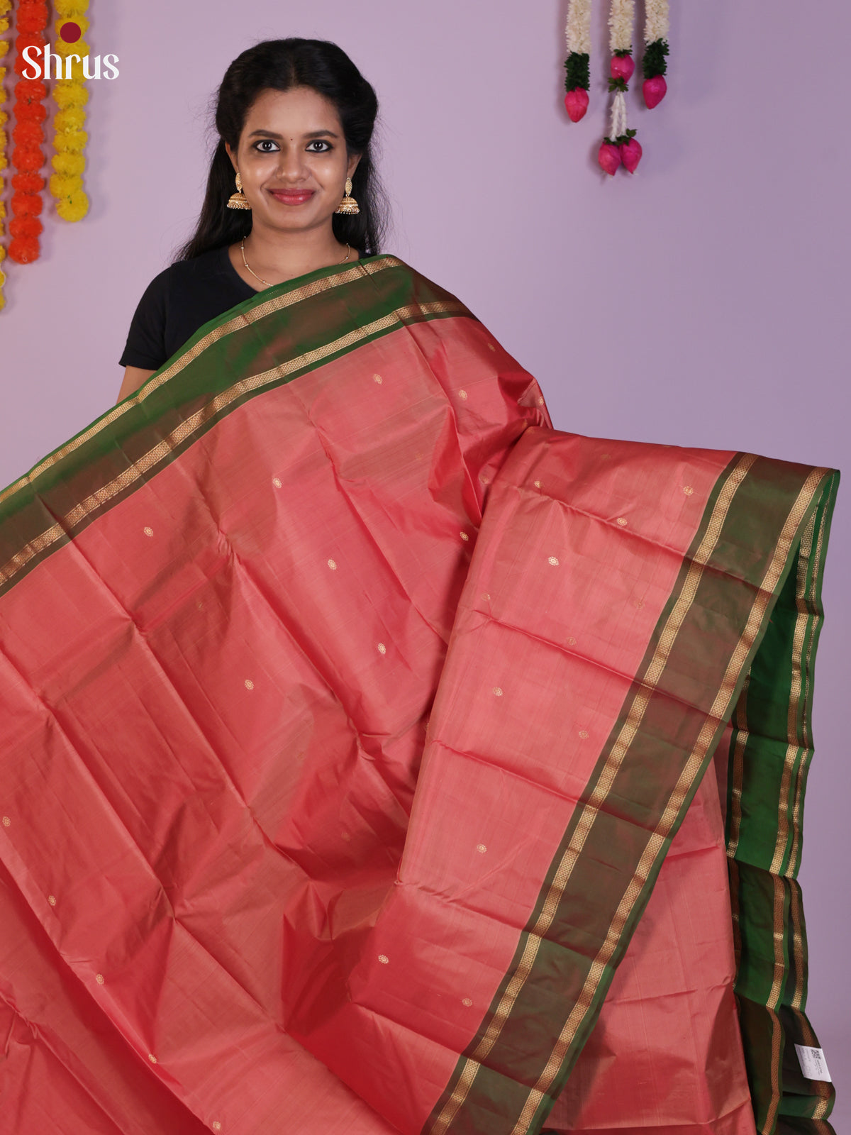 Buy Chic Peach Kanchipuram Saree With Gold Buttas, Olive Green Rettaipet Border & Chit Pallu