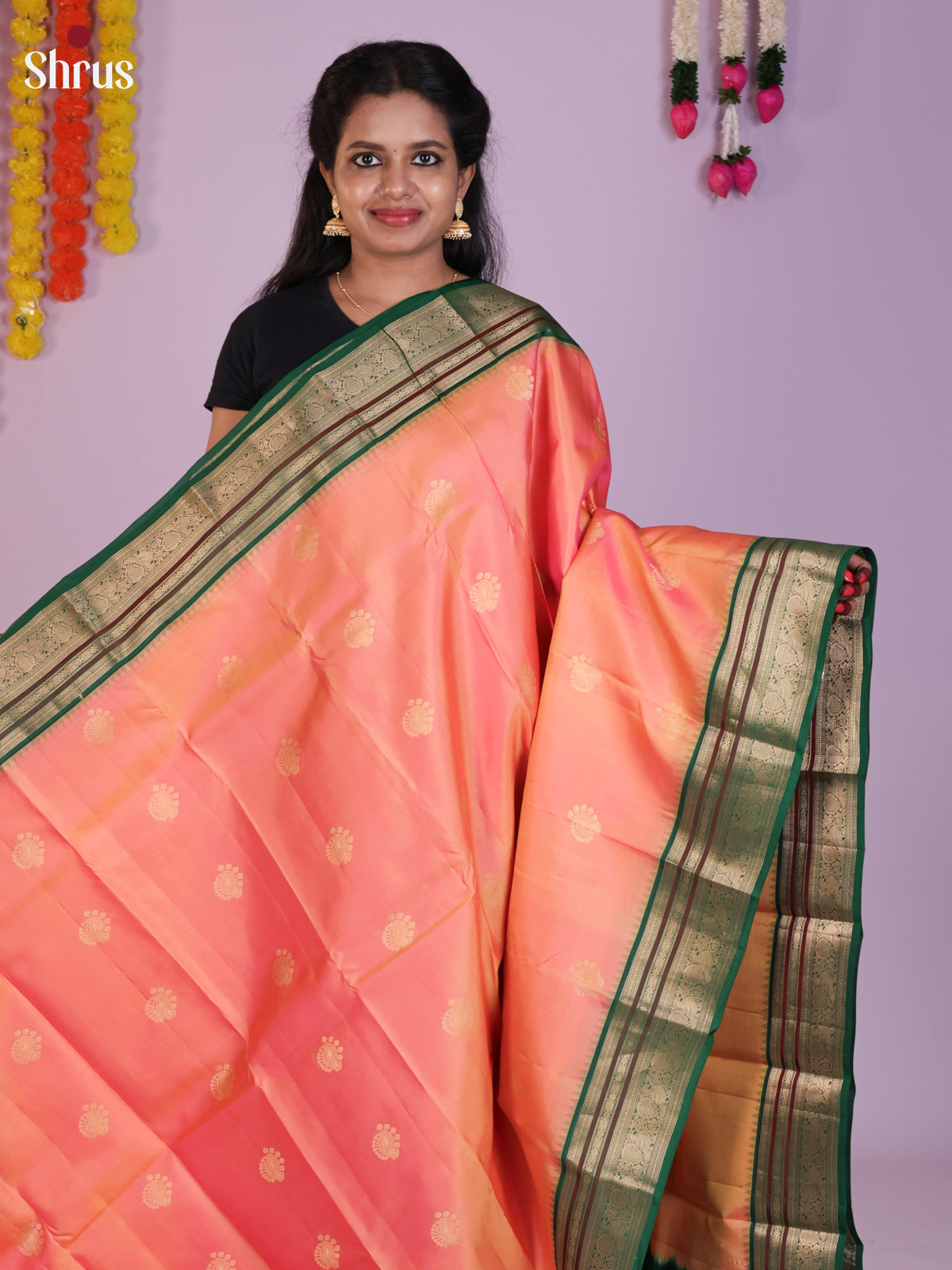 Buy Pretty Peach Kanchipuram Sarees With Gold Motifs, Green Border With Zari Bands & Pallu