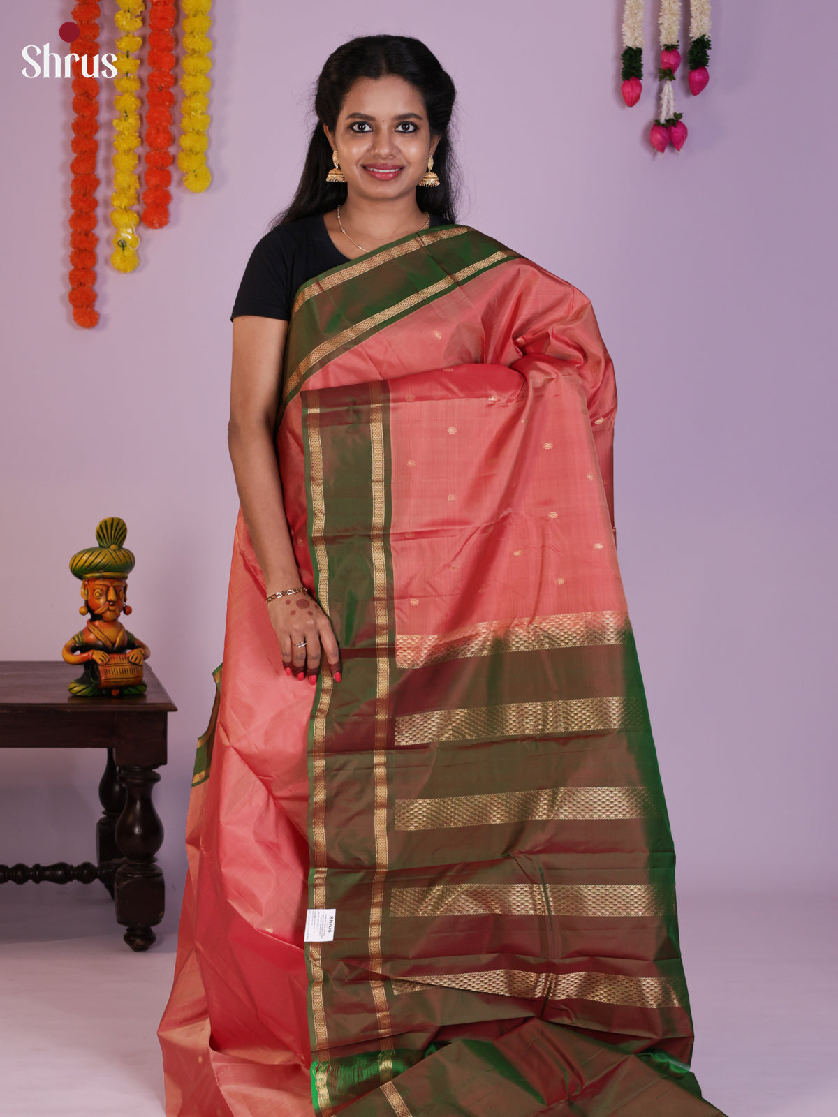 Buy Chic Peach Kanchipuram Silk Saree With Gold Buttas, Olive Green Rettaipet Border & Chit Pallu
