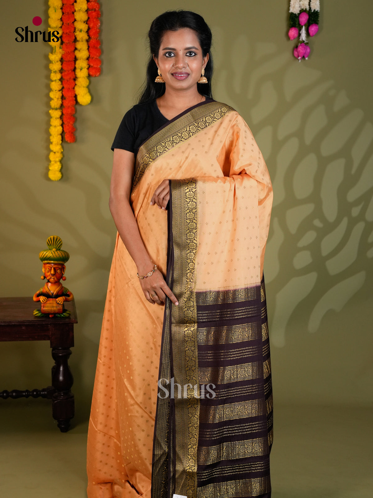 Buy Unique Peach Mysore Silk Saree with Gold Buttas, Brown Border & Traditional Striped Pallu