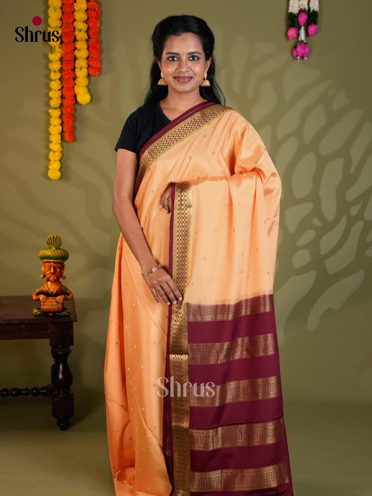 Buy Charming Peach Mysore Silk Saree with Gold Buttas, Maroon Zari Border & Chit Pallu