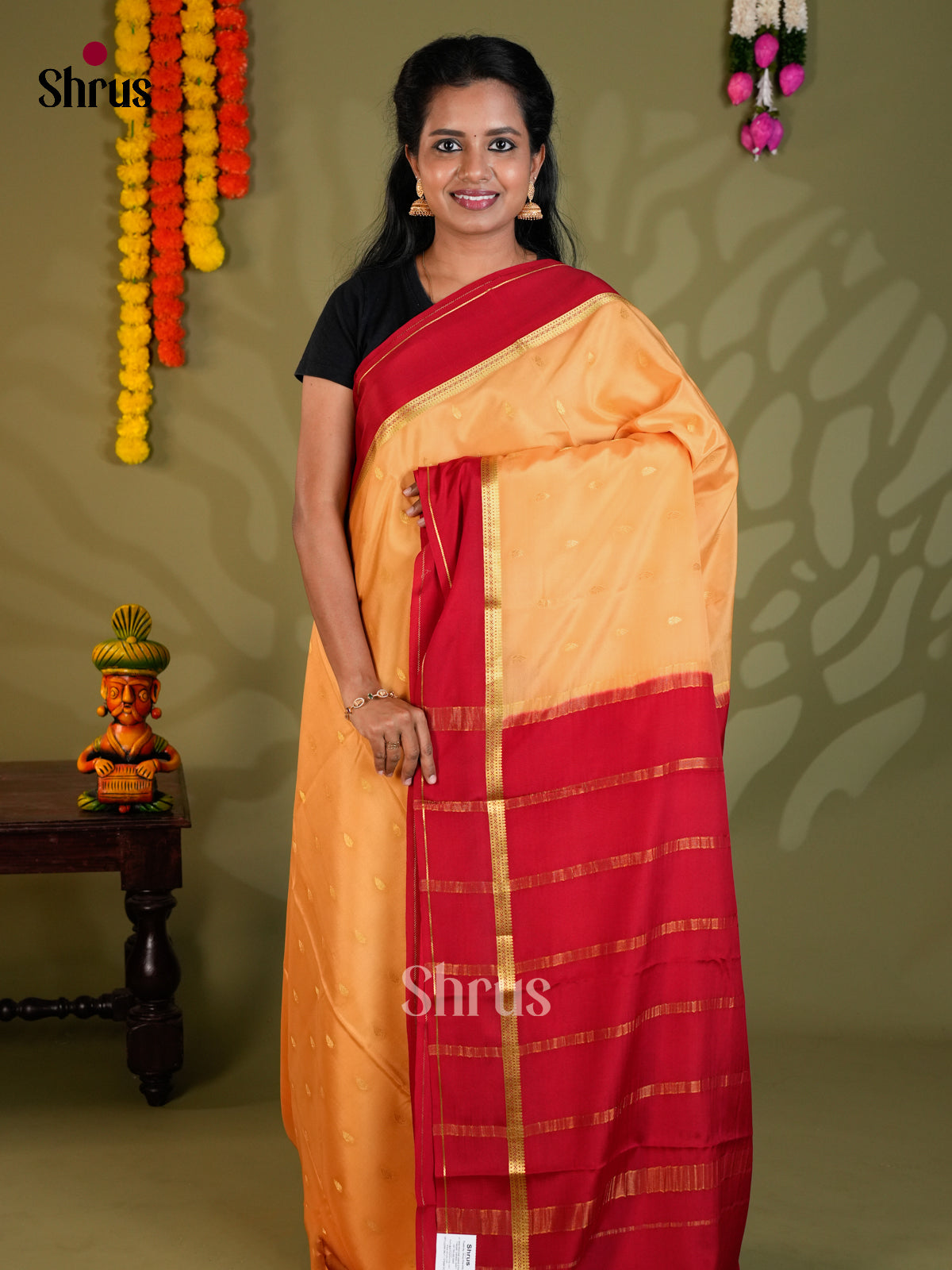 Buy Beautiful Peach Mysore Silk Saree with Gold Zari Buttas & Maroon Traditional Chit Pallu
