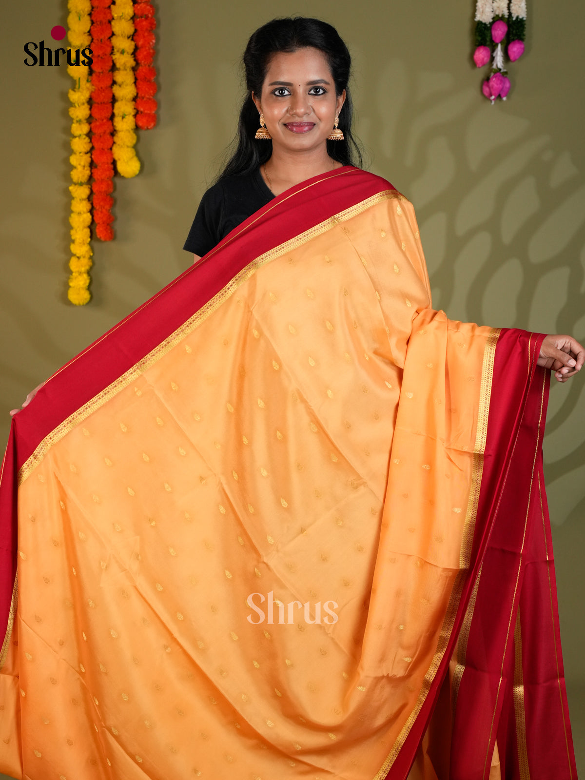 Buy Beautiful Peach Mysore Silk Sarees with Gold Zari Buttas & Maroon Traditional Chit Pallu