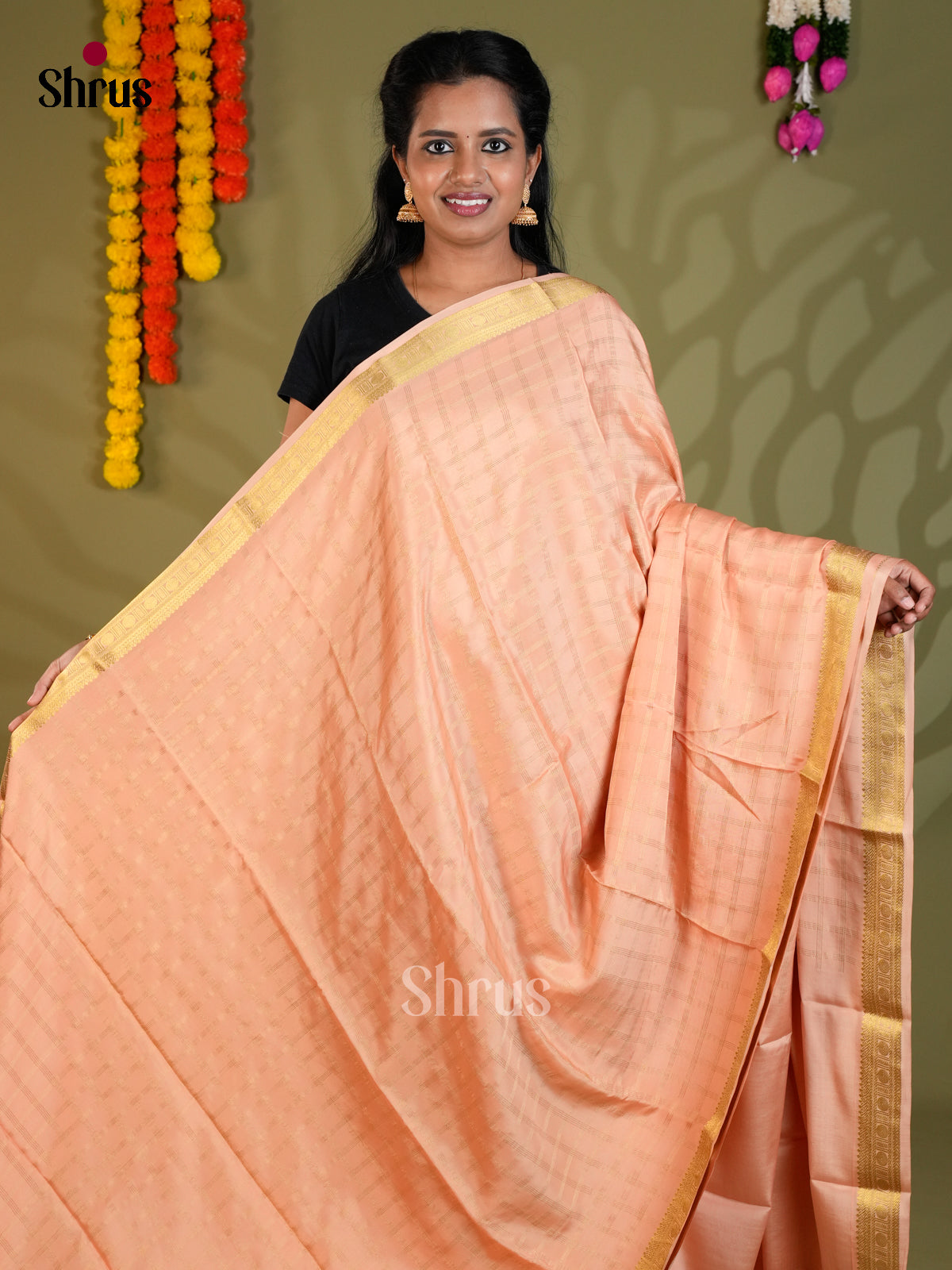Buy Chic Peach Mysore Silk Sarees with Golden Checks, Small Zari Border & Striped Pallu
