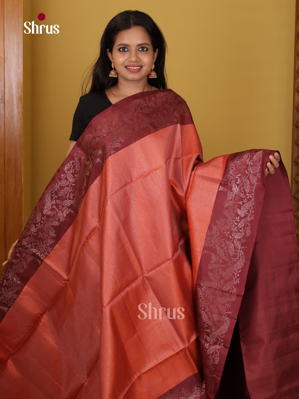 Buy Pretty Peach Pure Soft Silk Saree With Intricately Woven Chevron Pattern, Deep Wine Border & Pallu