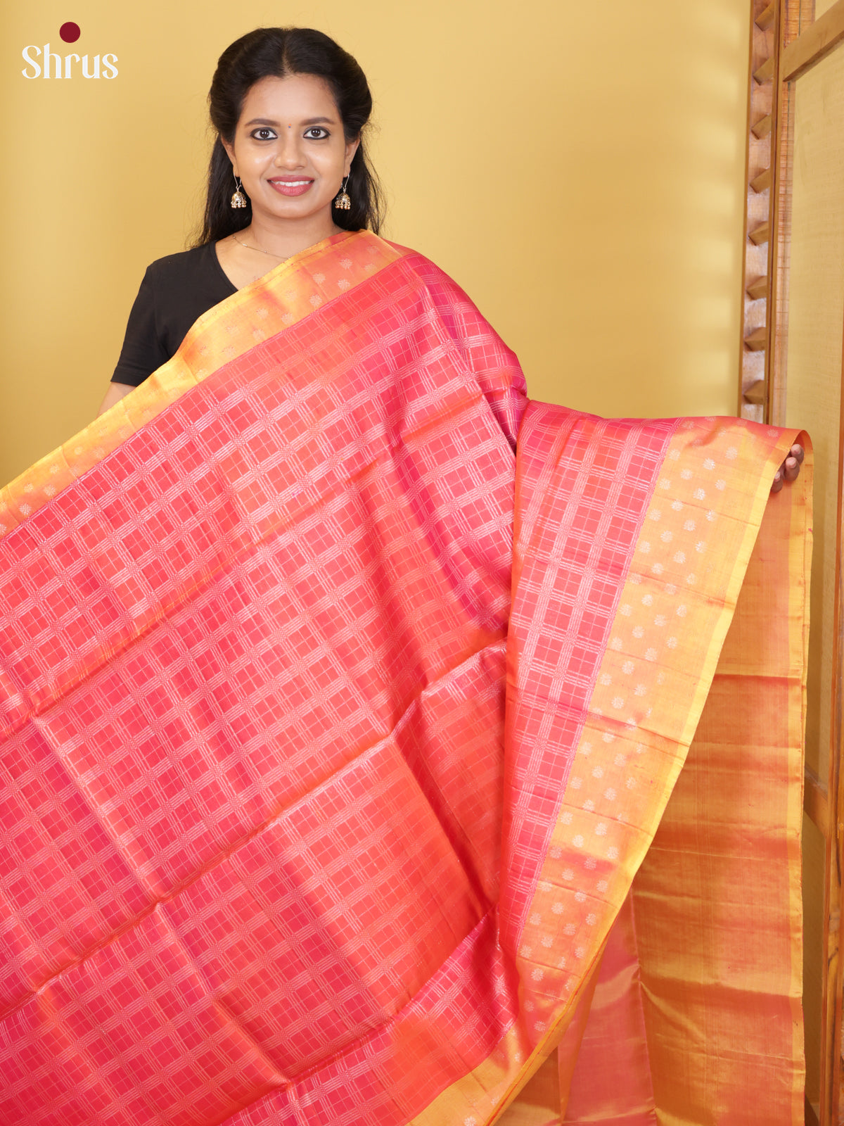 Buy Ethnic Peach Pure Soft Silk Saree With Zari Checks, Mustard Yellow Border & Brocade Pallu