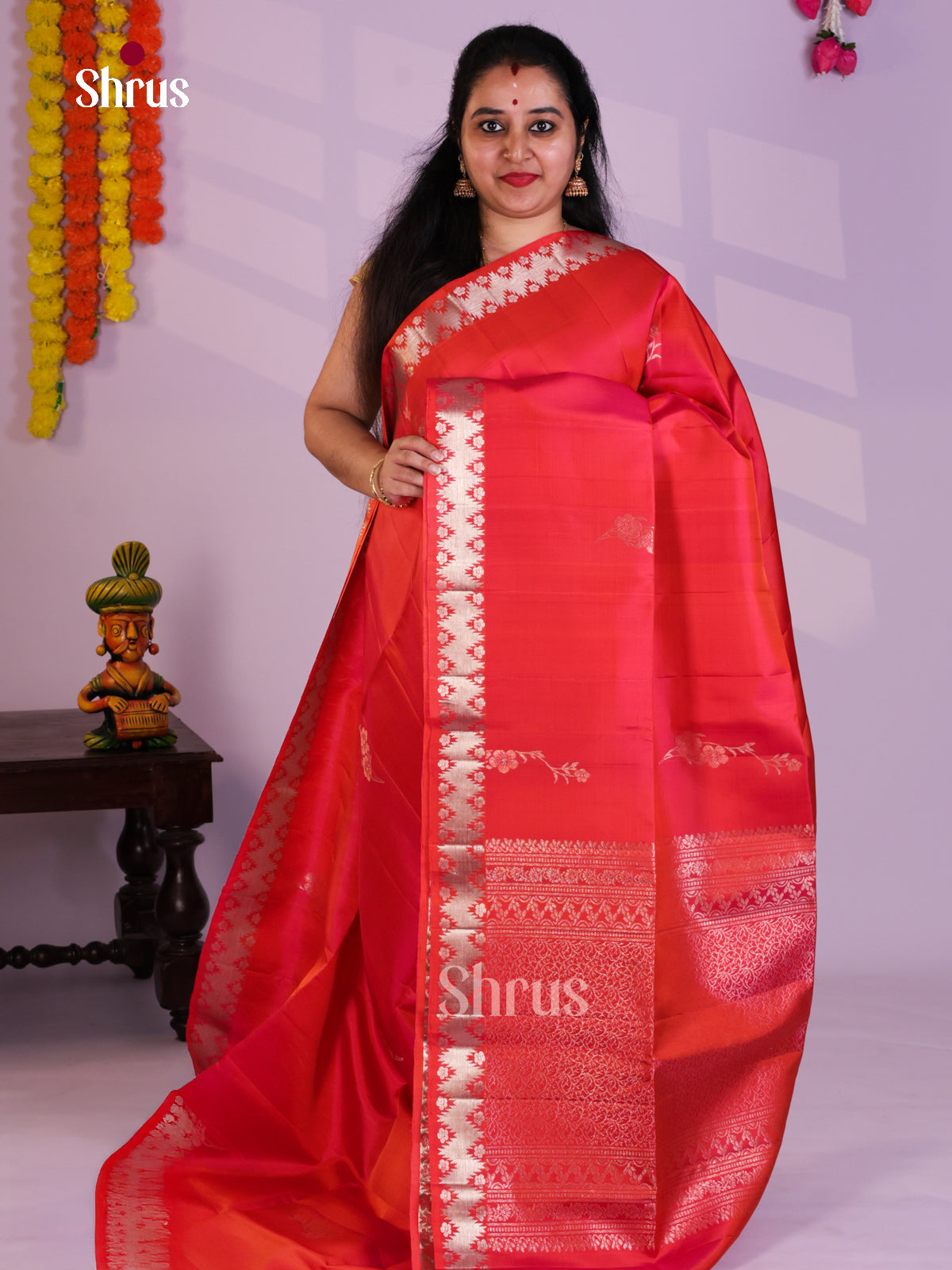 Buy Radiant Peachy Red Soft Silk Saree with Silver Zari Floral Sprays & Brocade Pallu