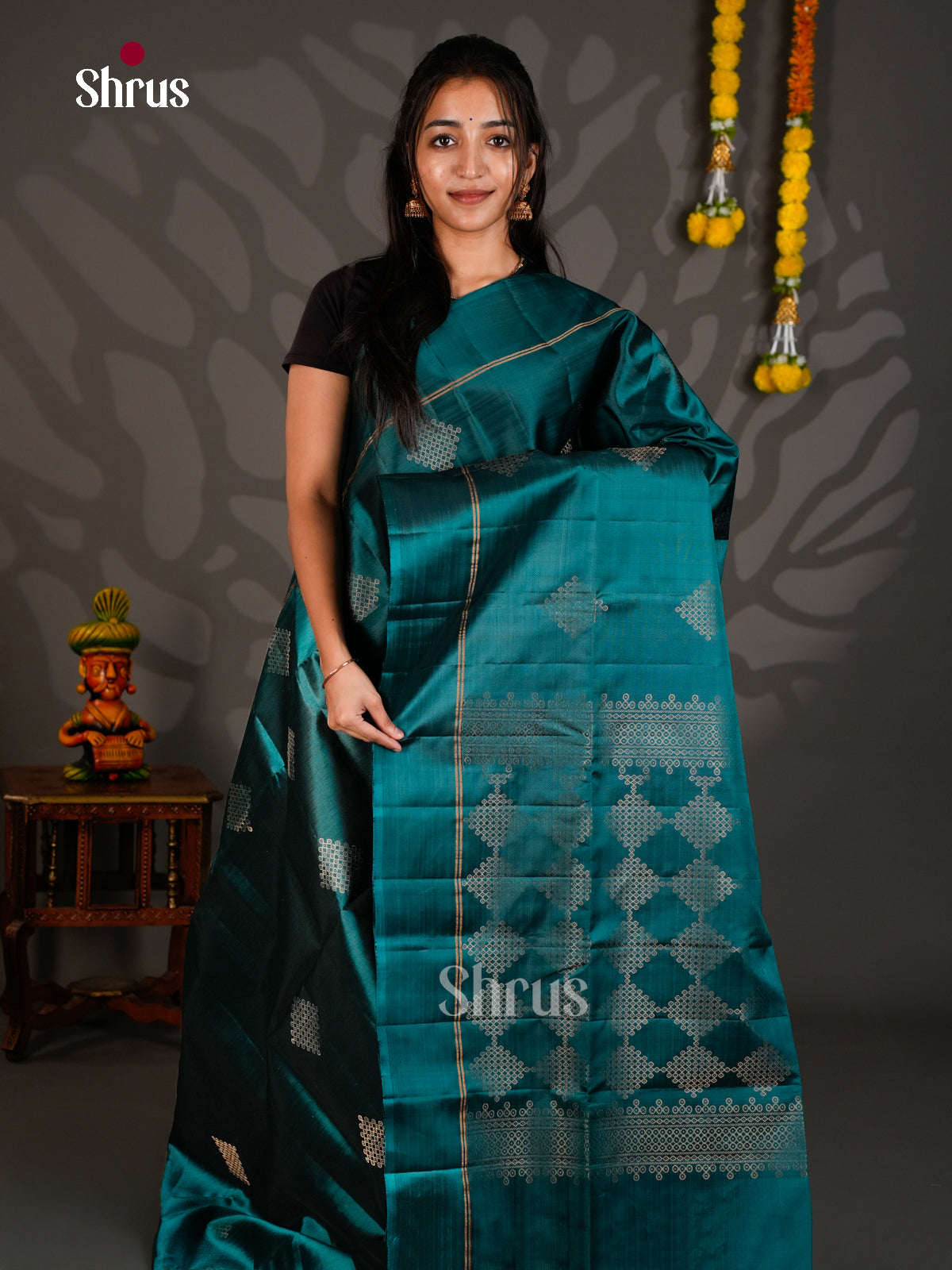 Buy Enchanting Peacock Blue Soft Silk Saree with Zari Kolam Motifs, Plain Border & Brocade Pallu
