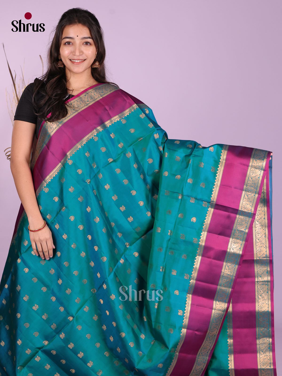 Splendid Peacock Blue Soft Silk Sarees With Golden Buttas & Magenta Rettaipet Zari Border
