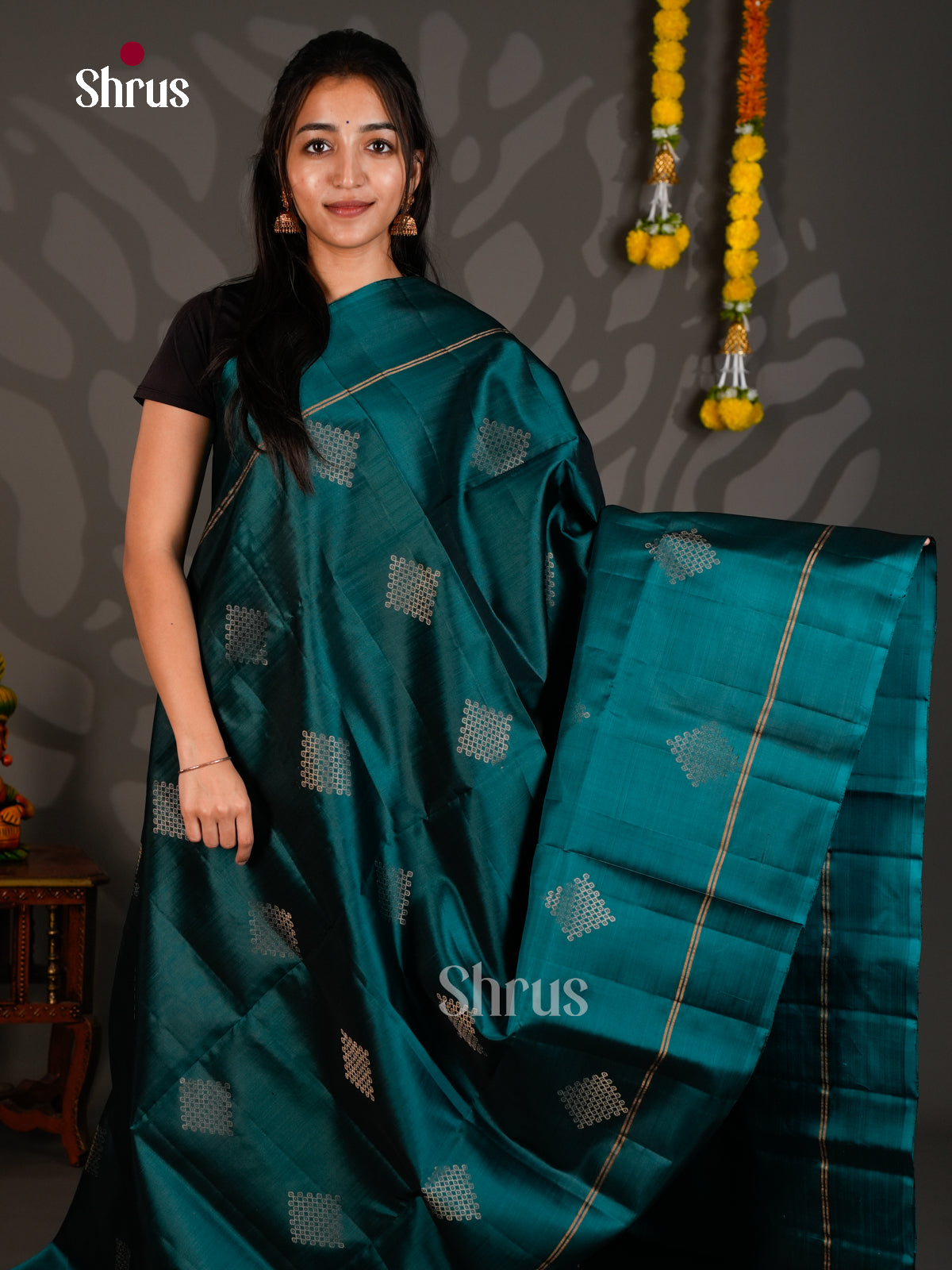 Buy Enchanting Peacock Blue Soft Silk Sarees with Zari Kolam Motifs, Plain Border & Brocade Pallu