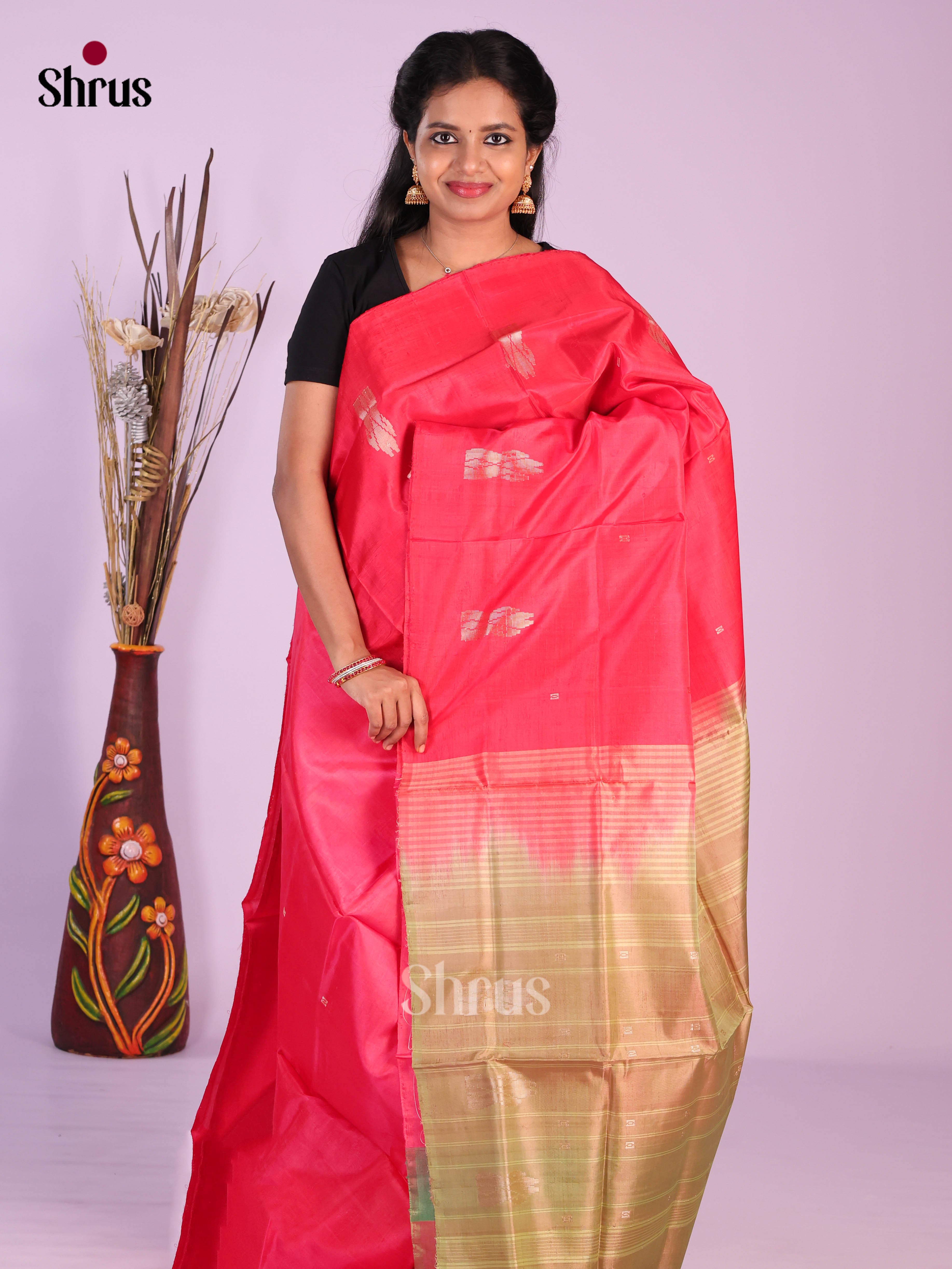Timeless Pink Banana Pith Saree With Floral Motifs & Gold Zari Pallu