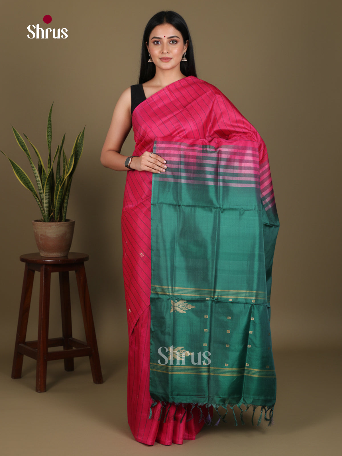 Buy Striking Pink Banana Pith Saree With Woven Stripes & Teal Traditional Pallu