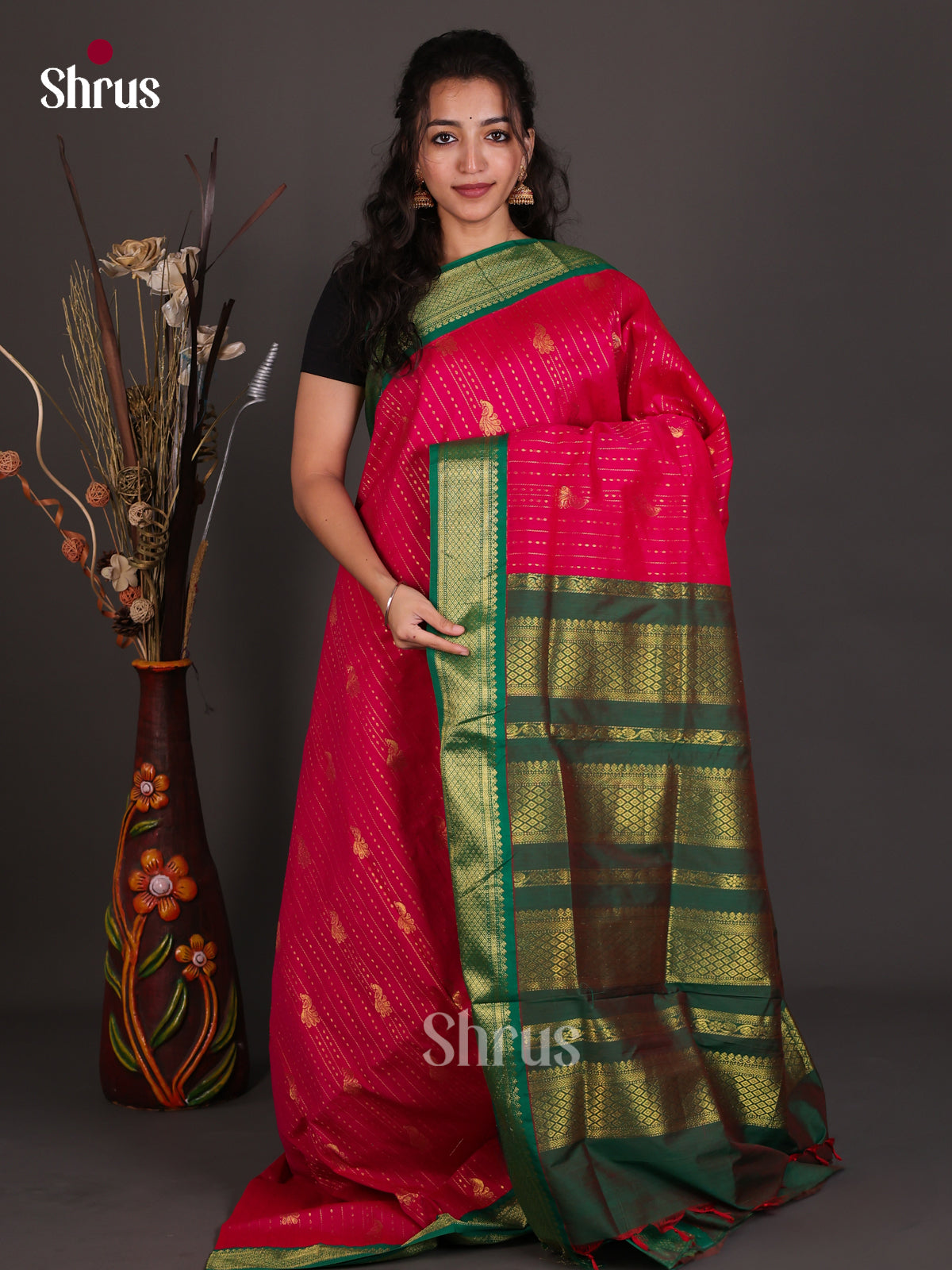Radiant Pink Kalyani Cotton Saree With Zari Lines, Buttas, Green Border & Traditional Pallu