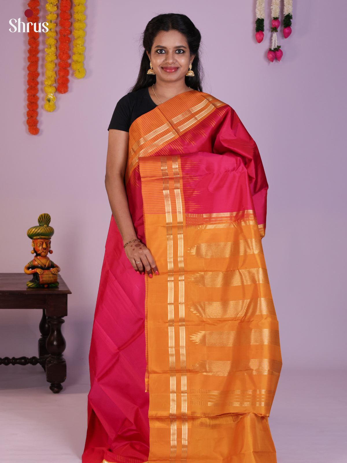 Buy Vibrant Pink Kanchipuram Silk Saree With a Mustard Orange Border & Traditional Pallu