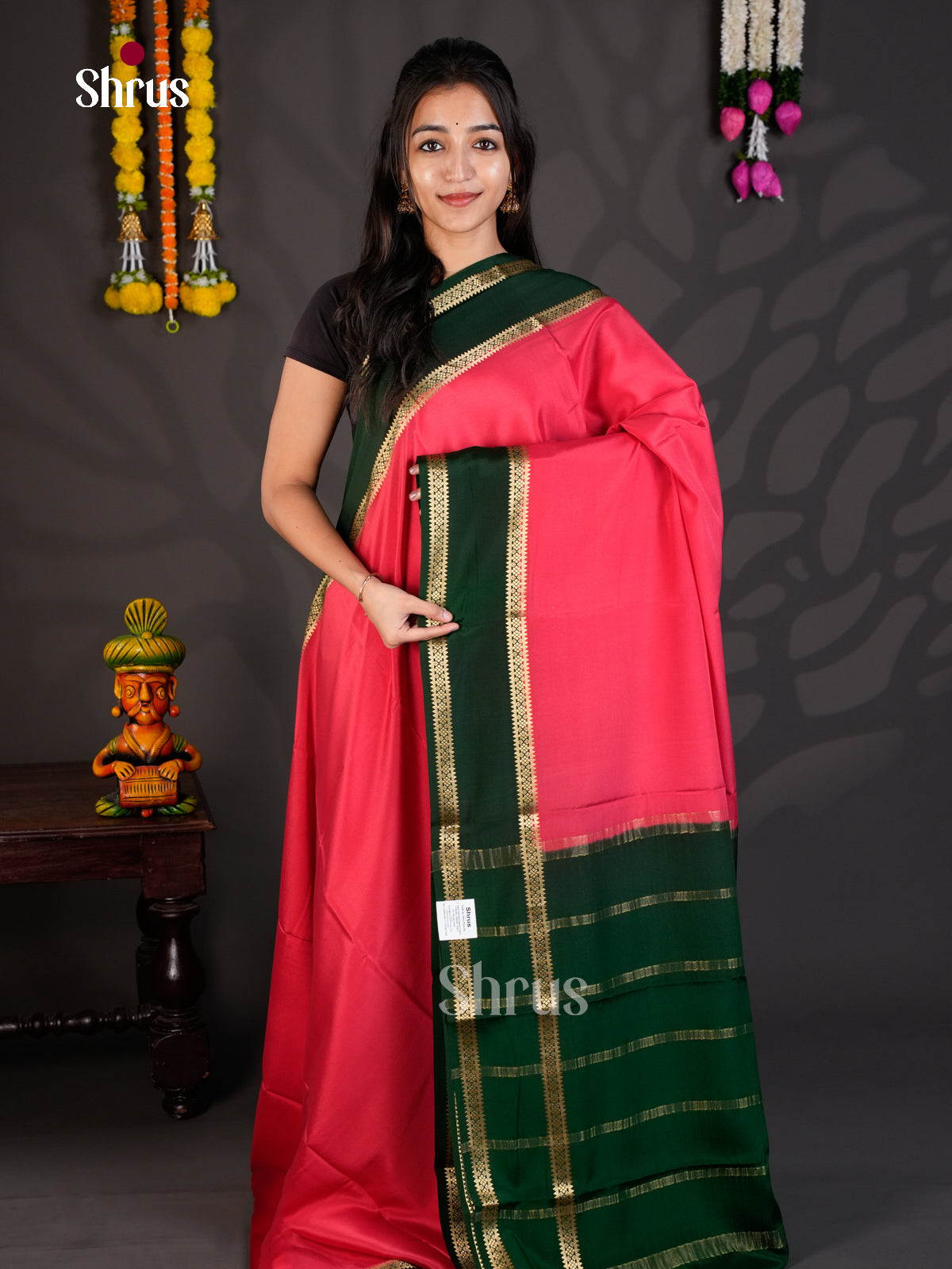 Buy Pretty Pink Mysore Silk Saree With Broad Forest Green Rettaipet Zari Border & Chit Pallu