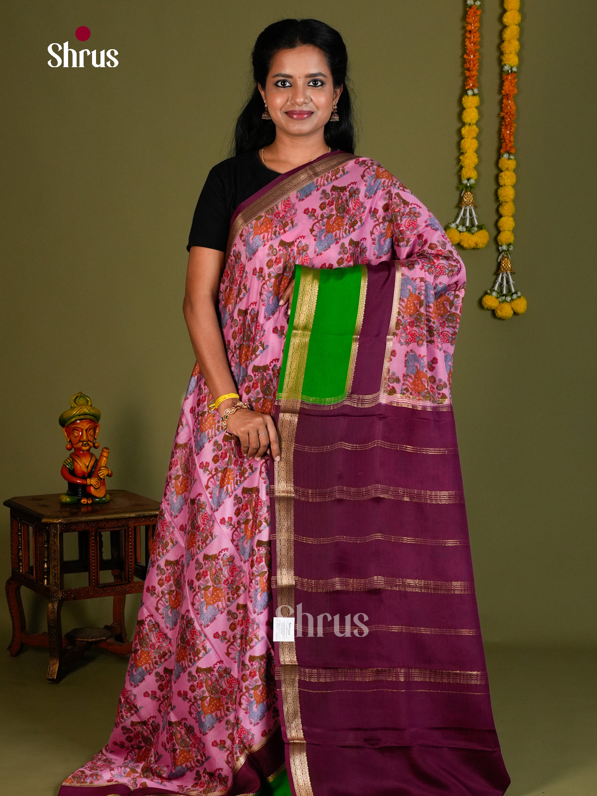Buy Elegant Pink Mysore Silk Saree with Kalamkari Prints, Parrot Green & Wine Zari Woven Border