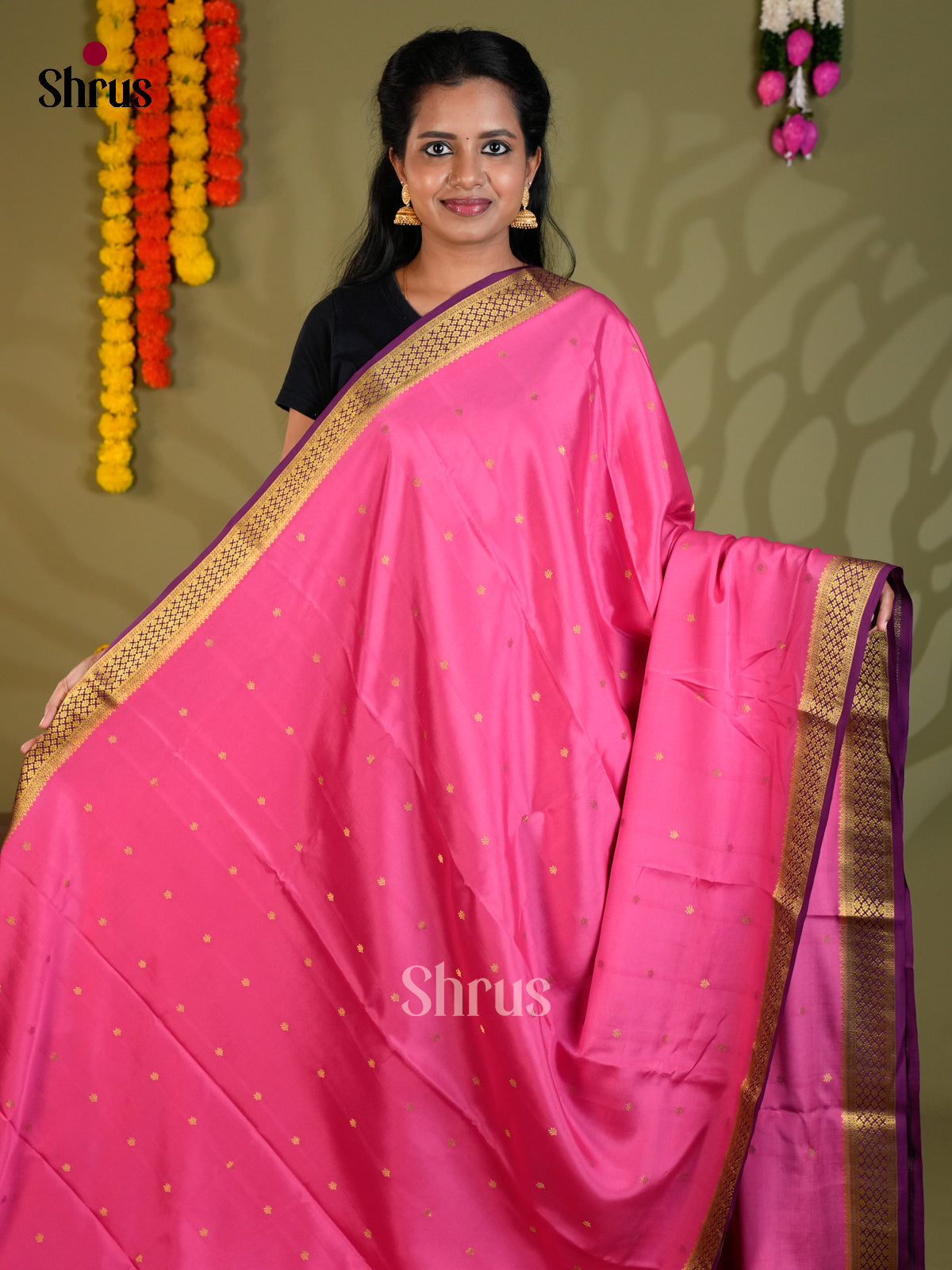 Buy Charming Pink Mysore Silk Sarees with Gold Buttas, Deep Violet Border & Chit Pallu