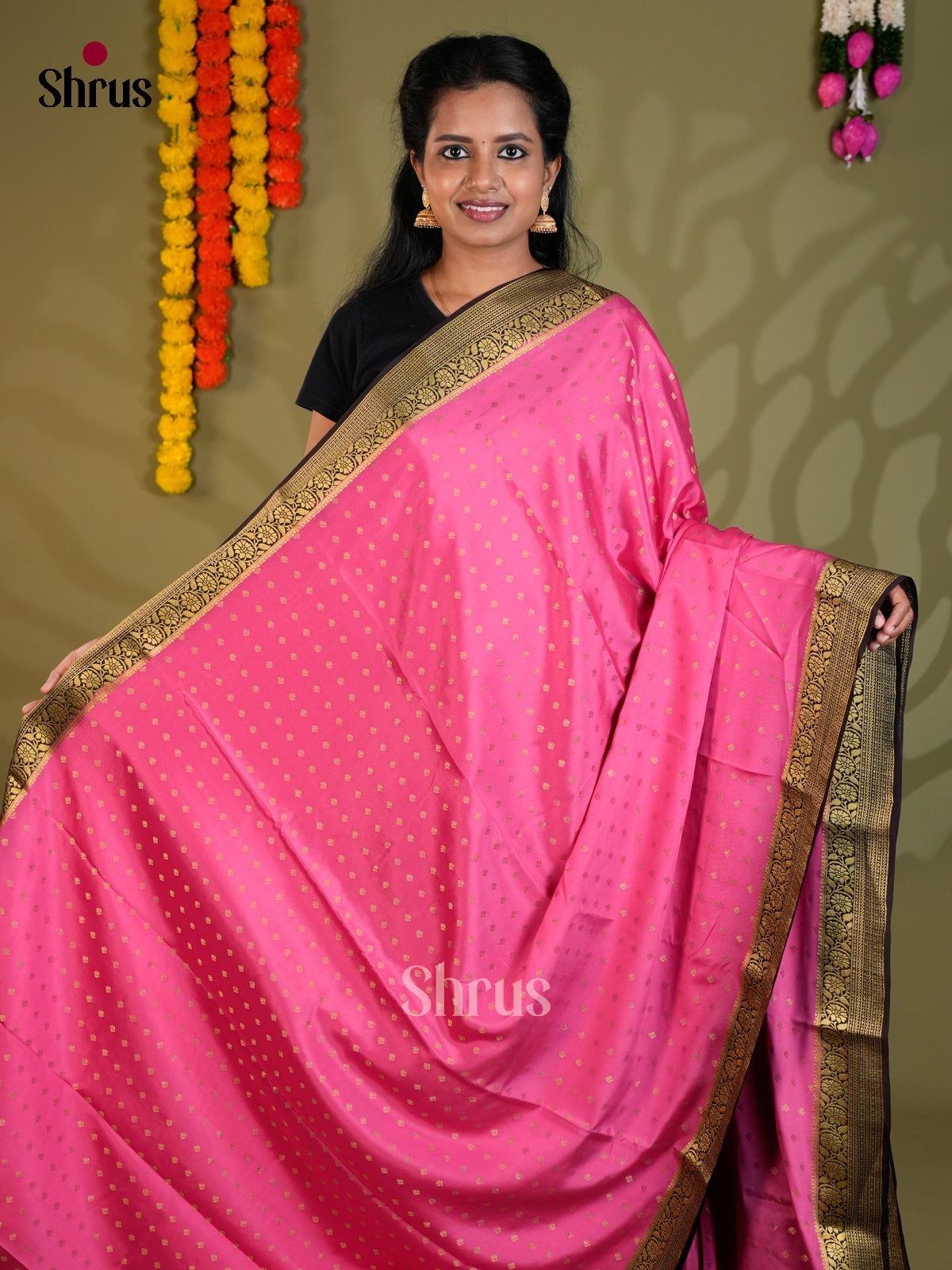 Buy Charming Pink Mysore Silk Sarees with Gold Zari Buttas, Wine Border & Traditional Pallu
