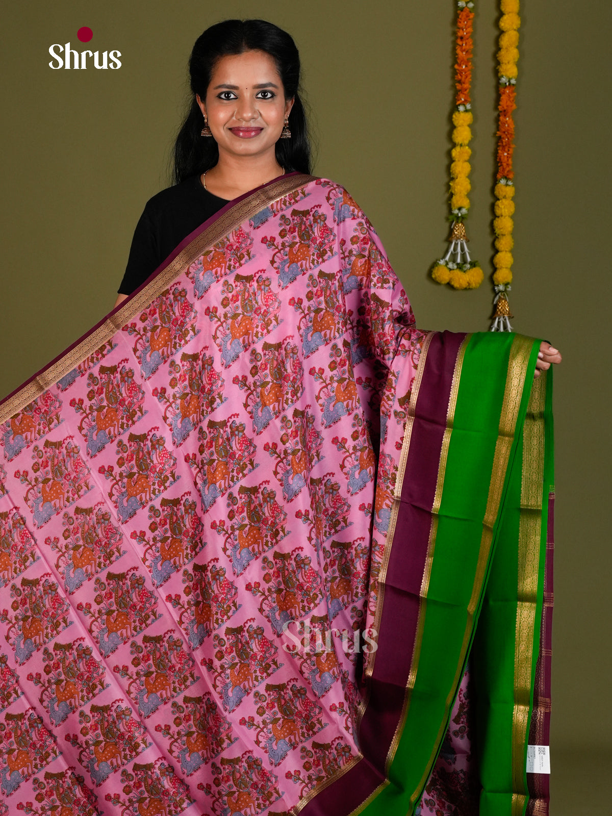 Buy Elegant Pink Mysore Silk Sarees with Kalamkari Prints, Parrot Green & Wine Zari Woven Border
