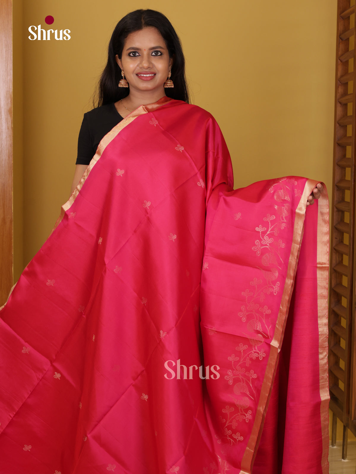 Buy Vibrant Pink Pure Soft Silk Saree With Gold Buttas & Zari Woven Floral Vines Border & Pallu