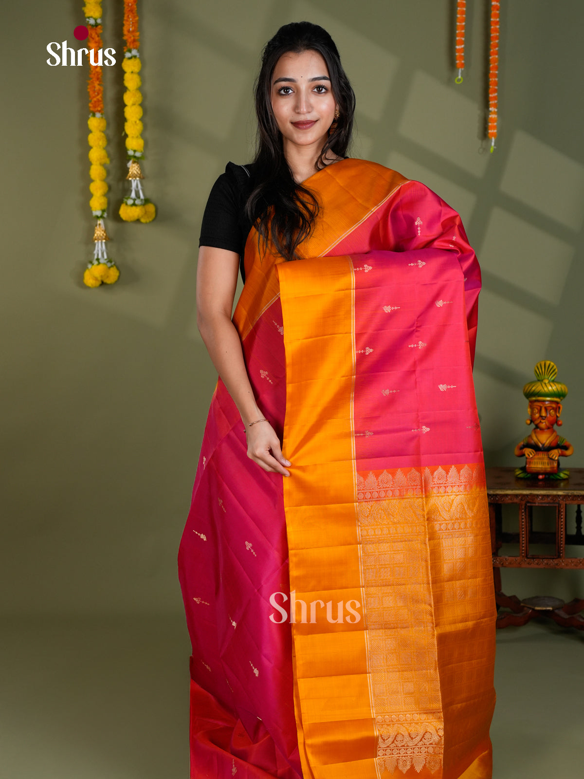 Buy Vibrant Pink Pure Soft Silk Saree With Golden Buttas And Mustard Border & Brocade Pallu
