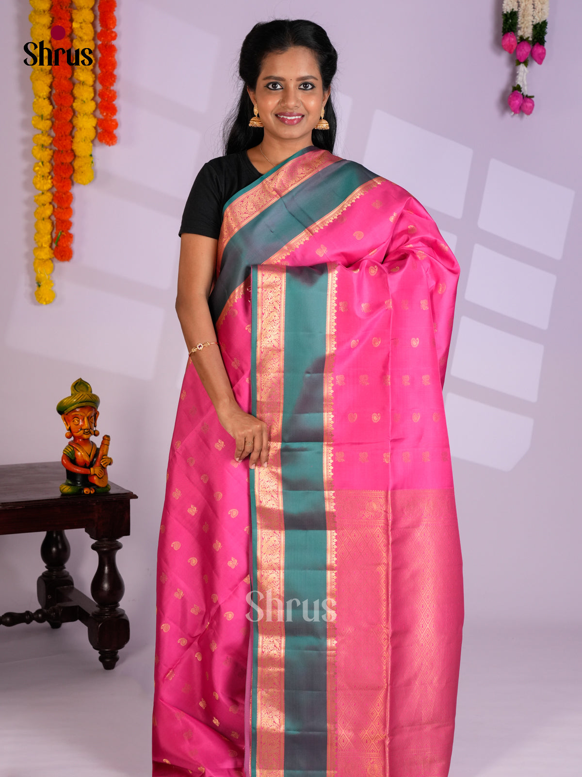 Buy Pink Soft Silk Saree with Peacock & Manga Buttas, Teal Rettaipet Border & Brocade Pallu