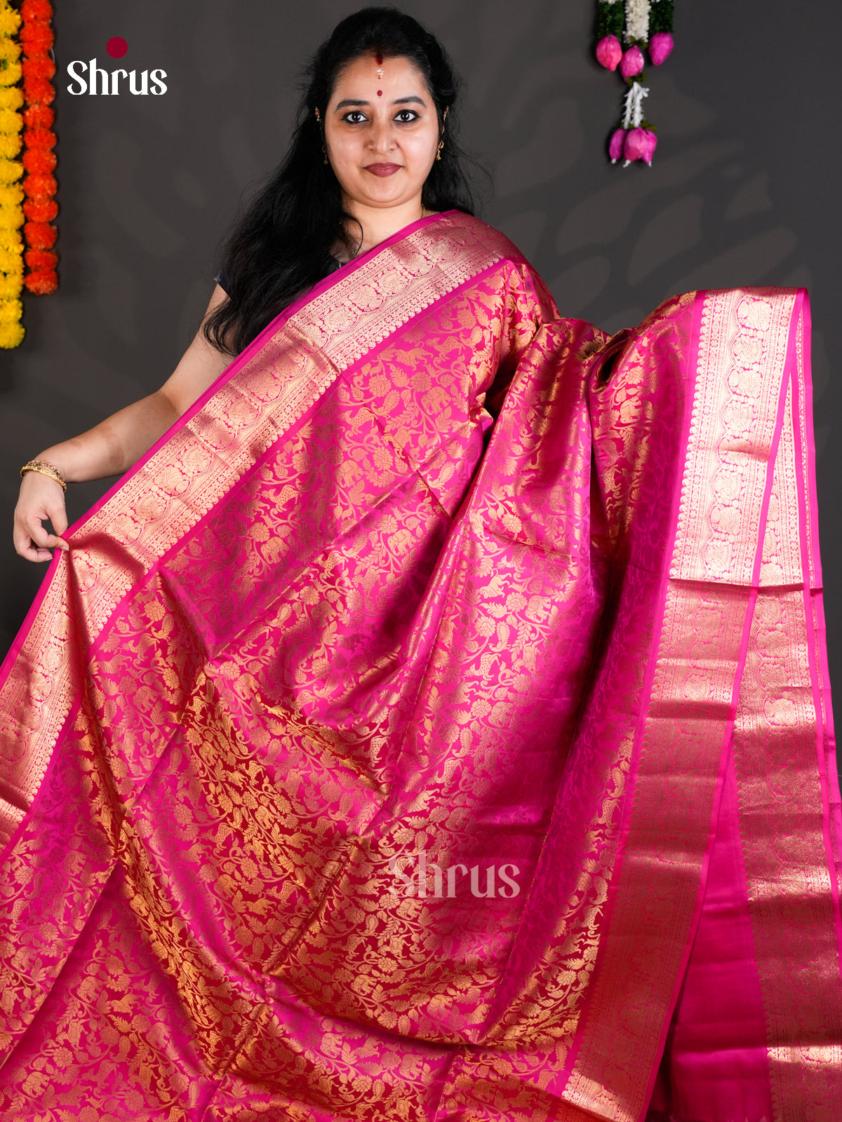 Buy Exquisite Pink Pure Soft Silk Saree with Vanasingaram Zari Brocade & Golden Border