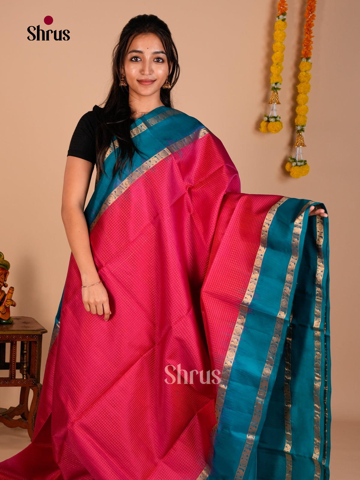 Buy Exquisite Pink Pure Soft Silk Saree with Zari Kattam & Teal Blue Rettaipet Border & Brocade Pallu