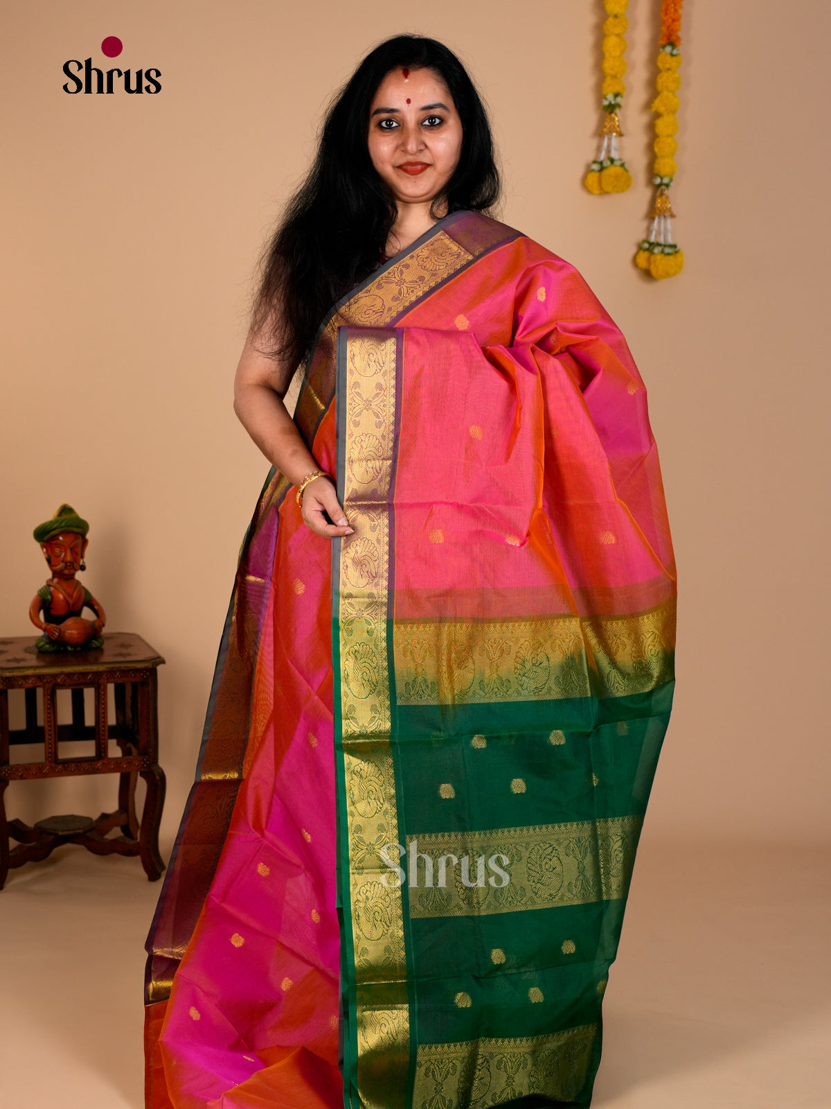 Buy Timeless Pink Silk Cotton Saree With Golden Buttas, Green Border & Pallu