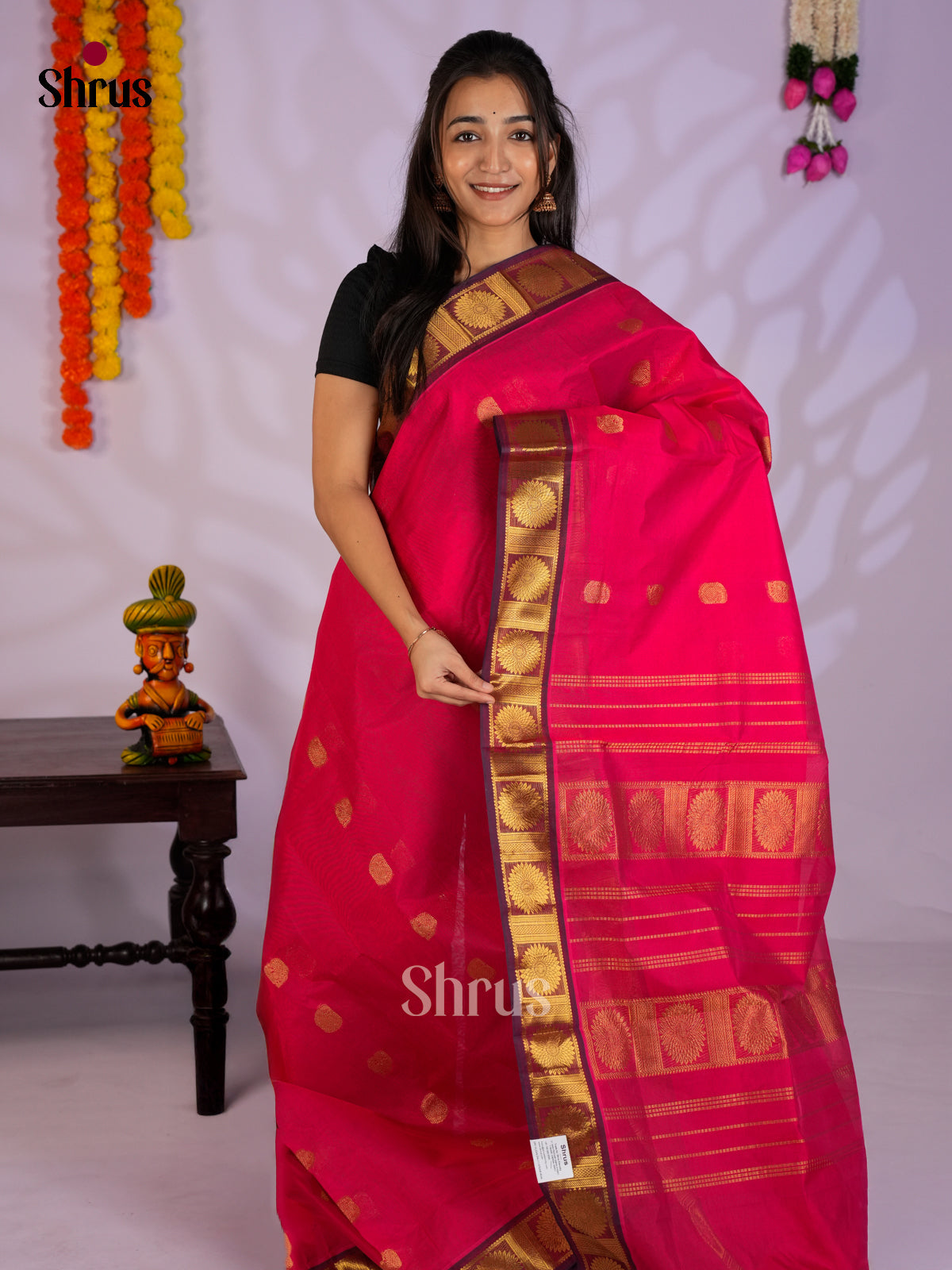 Buy Ethnic Pink Silk Cotton Saree with Zari Buttas, Maroon Border & Chit Pallu