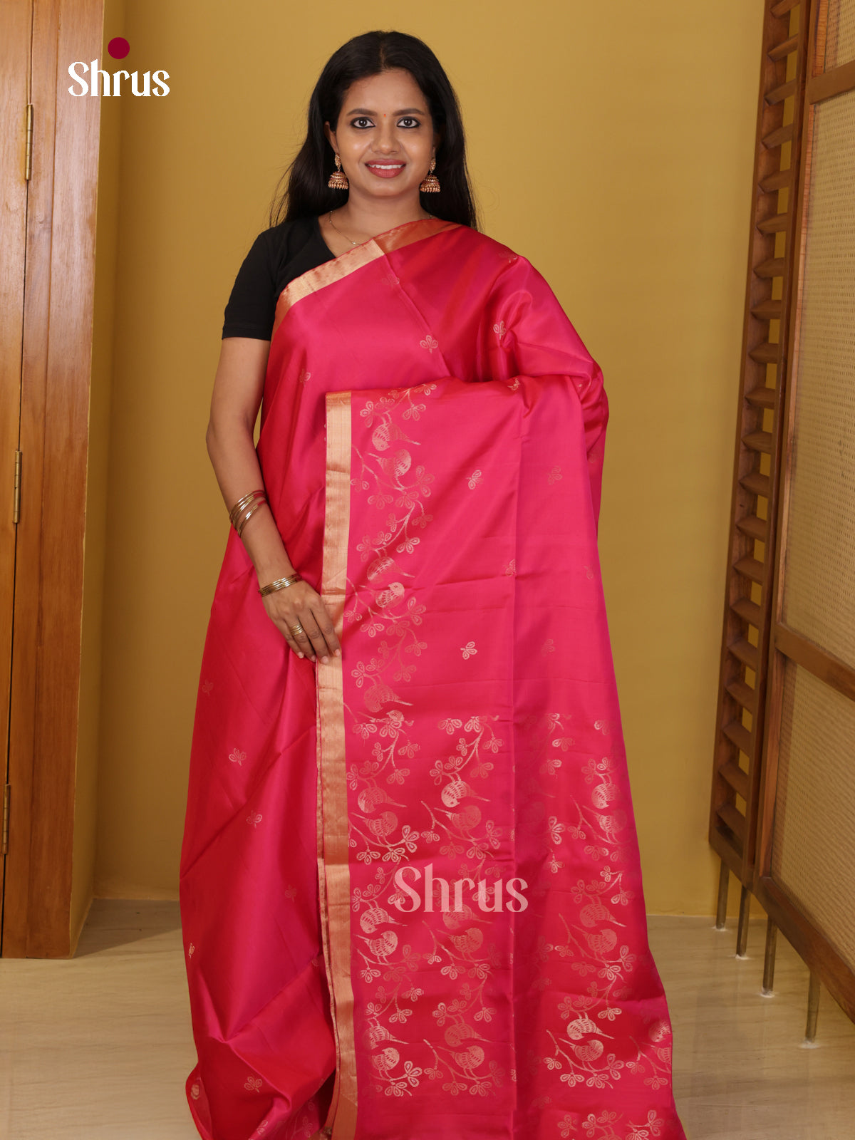 Buy Vibrant Pink Soft Silk Saree With Gold Buttas & Zari Woven Floral Vines Border & Pallu