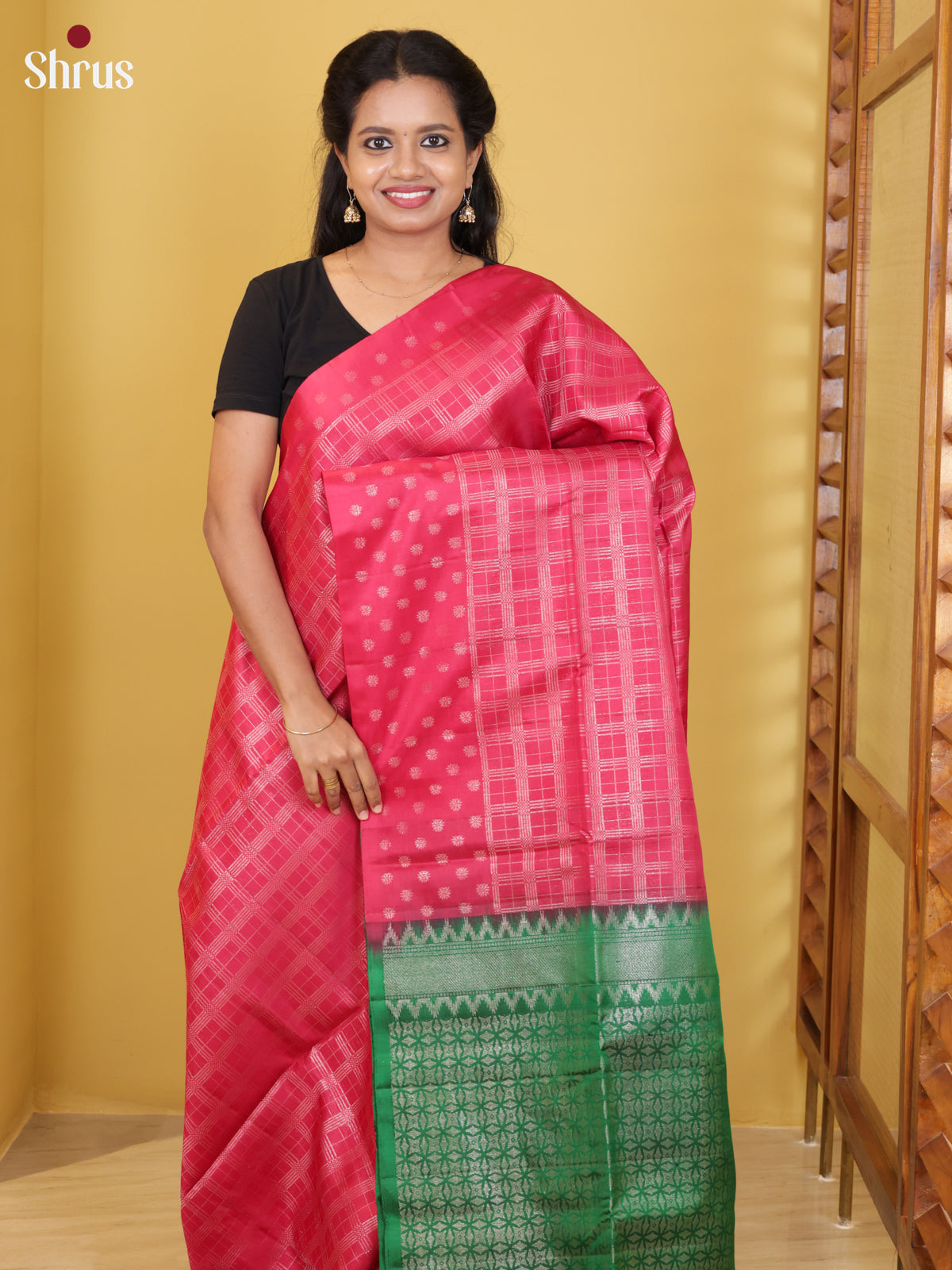 Exquisite Pink Soft Silk Saree With Zari Checks, Deep Green Border & Brocade Pallu