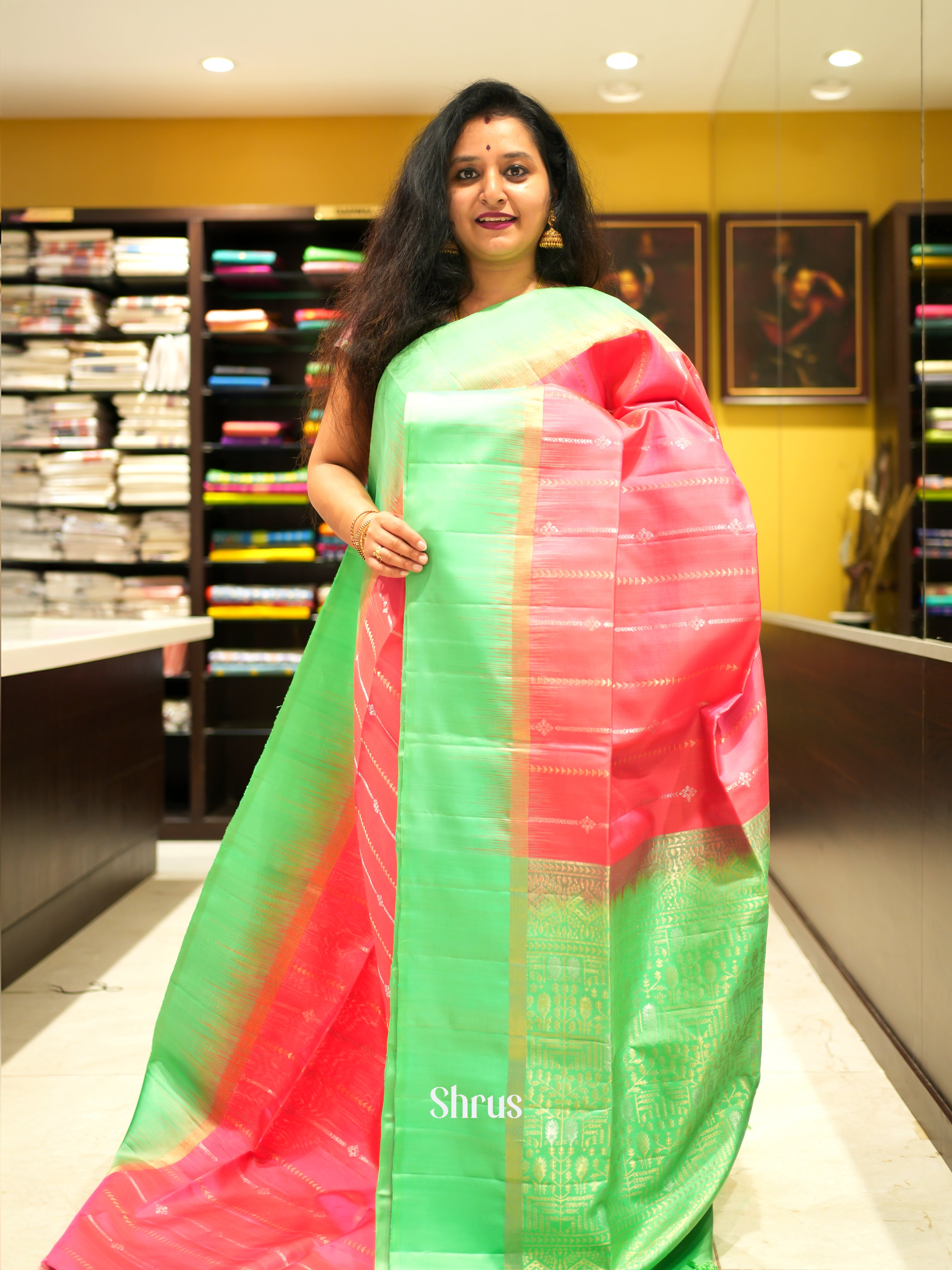 Lustrous Pink Soft Silk Saree With Zari Woven Stripes, Light Green Border & Brocade Pallu