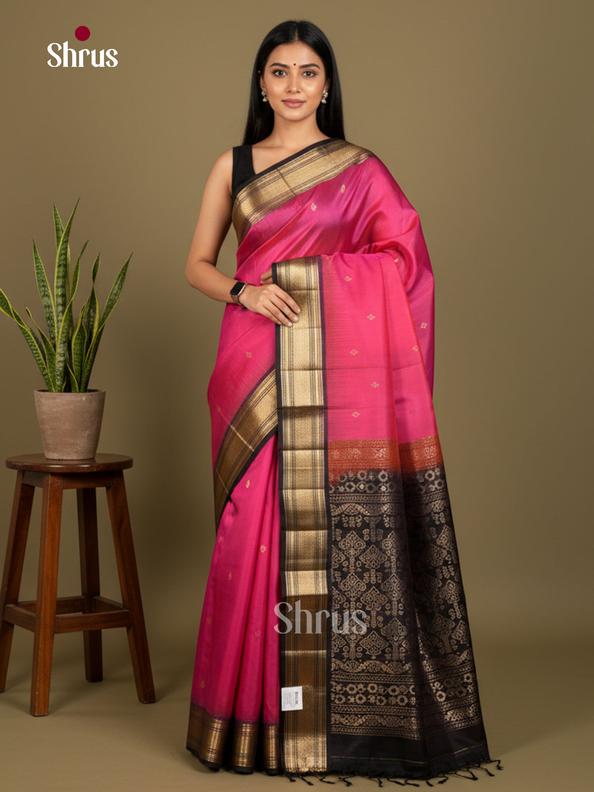Buy Enchanting Pink Soft Silk Saree with Gold Buttas, Dark Brown Zari Border & Pallu