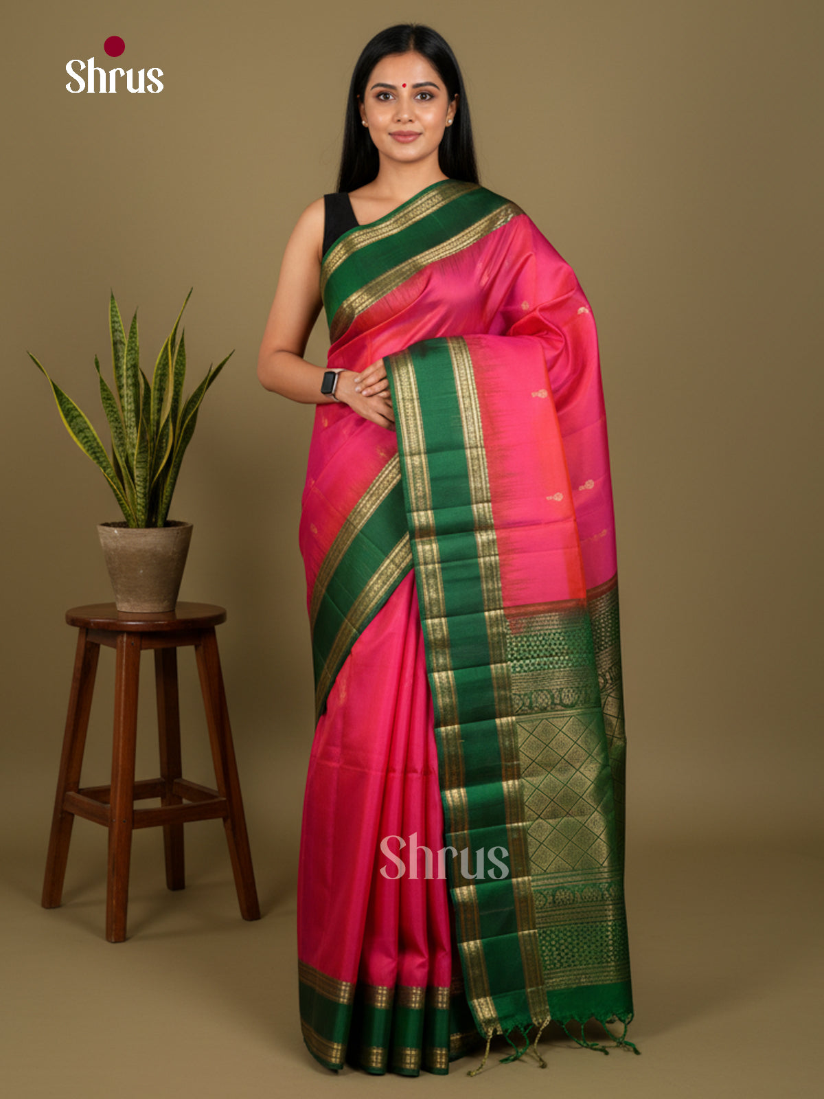 Buy Striking Pink Soft Silk Saree with Golden Floral Buttas, Green Rettaipet Zari Border & Brocade Pallu