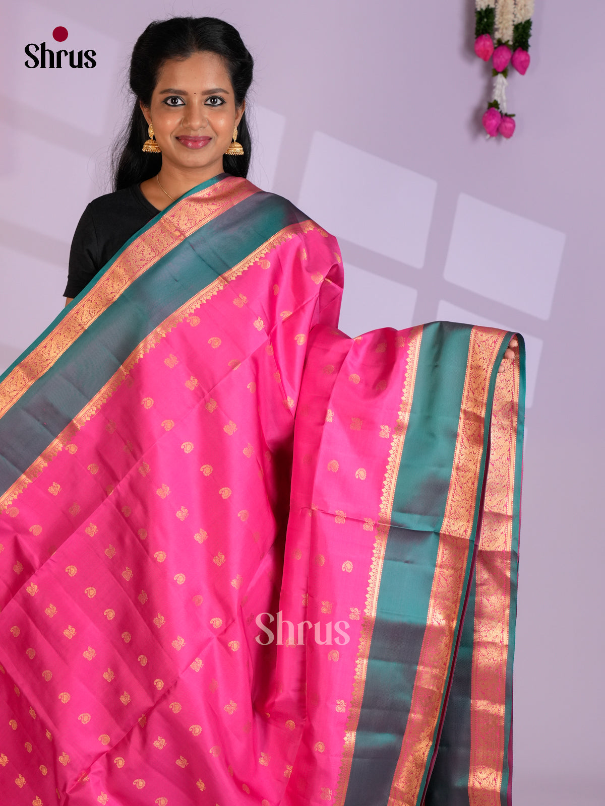 Buy Pink Pure Soft Silk Saree with Peacock & Manga Buttas, Teal Rettaipet Border & Brocade Pallu