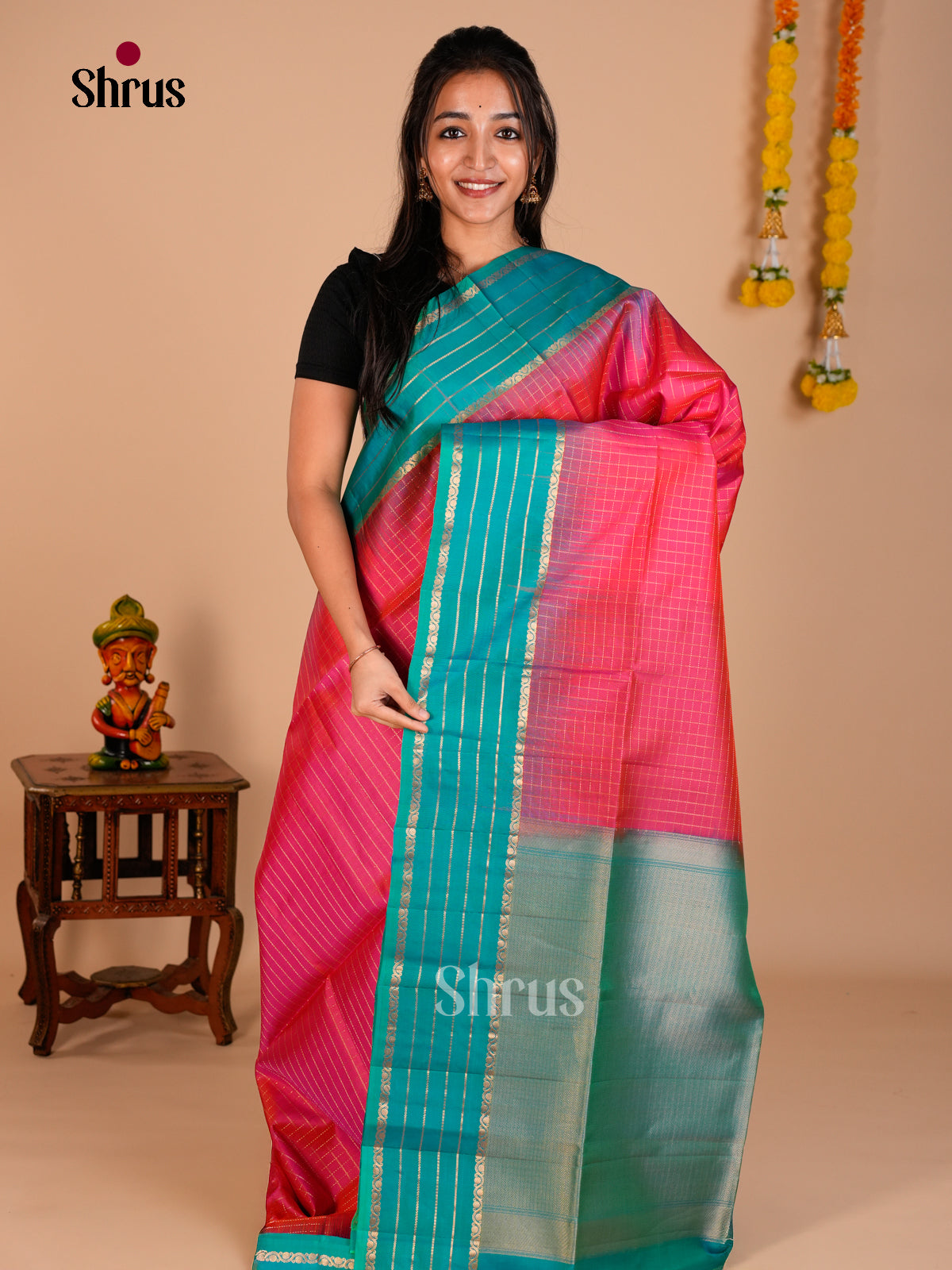 Buy Pretty Pink Soft Silk Saree with Zari Kattams & Aqua Blue Rettaipet Border With Gold Stripes