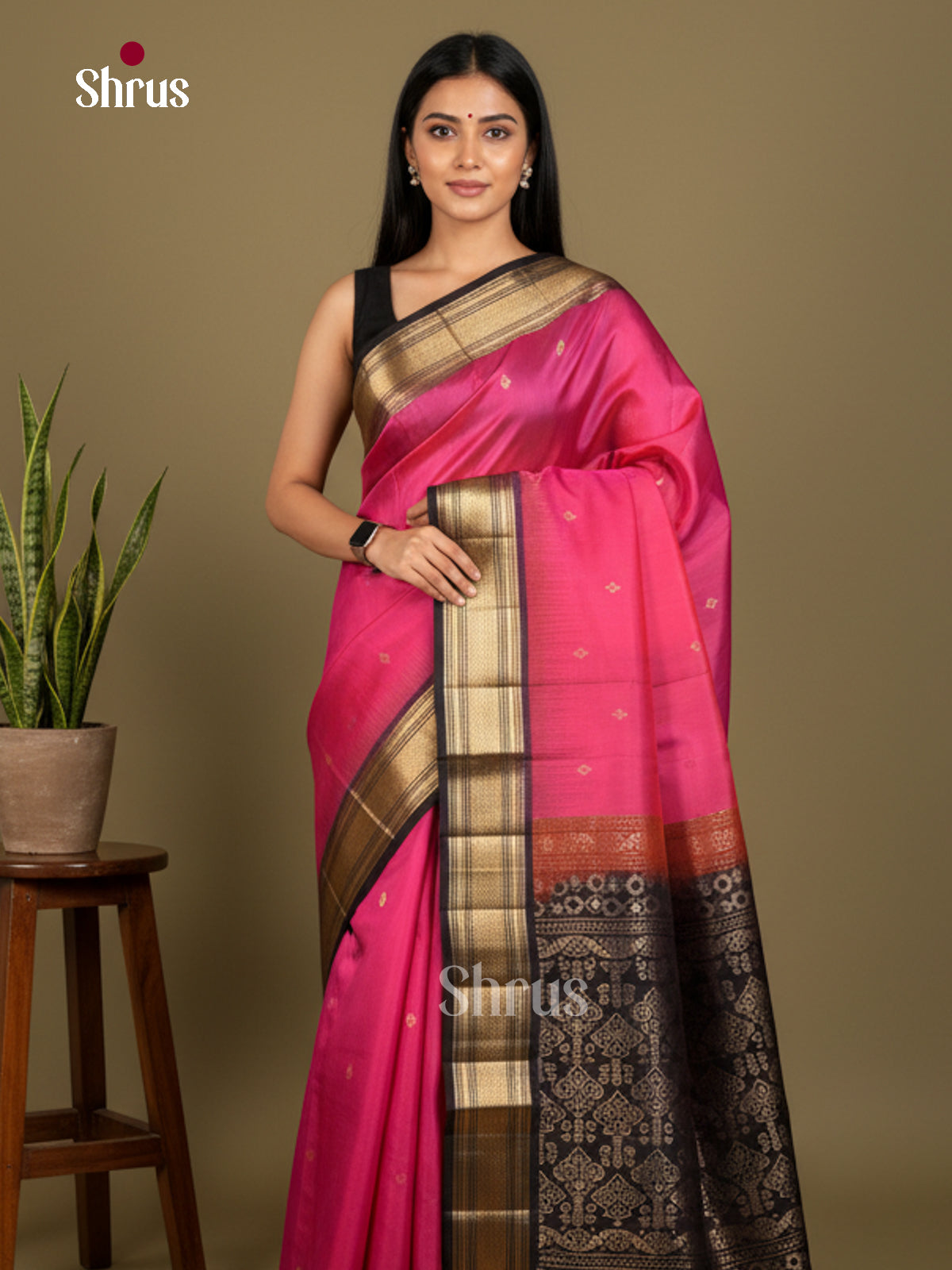 Buy Enchanting Pink Soft Silk Sarees with Gold Buttas, Dark Brown Zari Border & Pallu