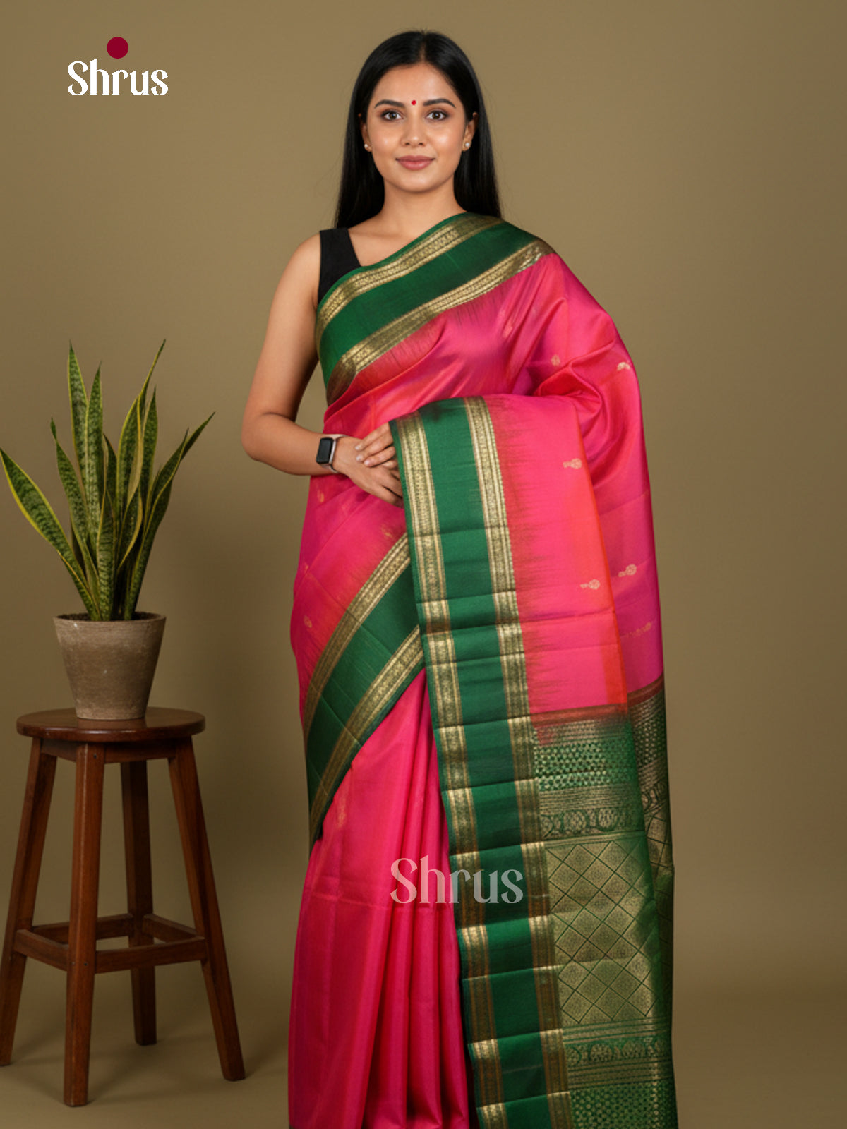 Buy Striking Pink Soft Silk Sarees with Golden Floral Buttas, Green Rettaipet Zari Border & Brocade Pallu