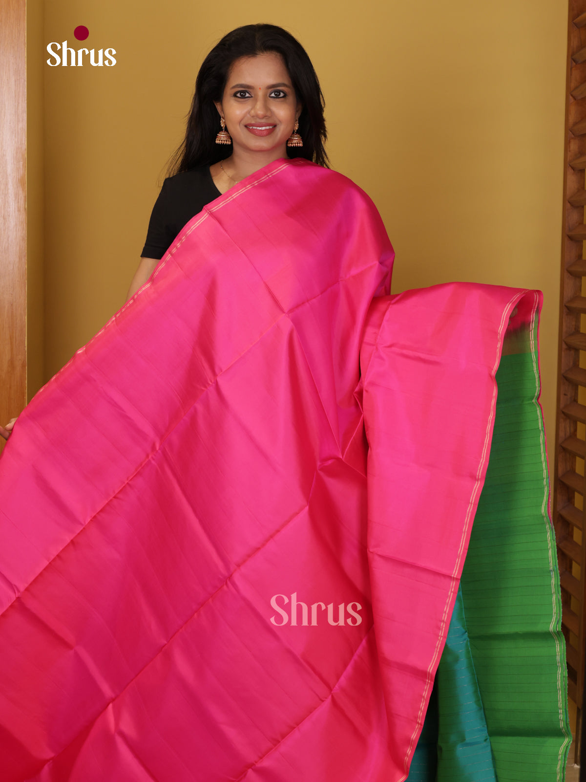 Buy Vivid Pink Soft Silk Sarees with Plain Body & Contrast Green Zari Striped Pallu