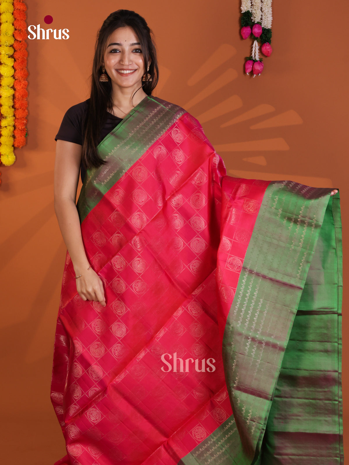 Buy Radiant Pink Soft Silk Sarees with Zari Checks, Round Motifs & Dual Tone Green Border
